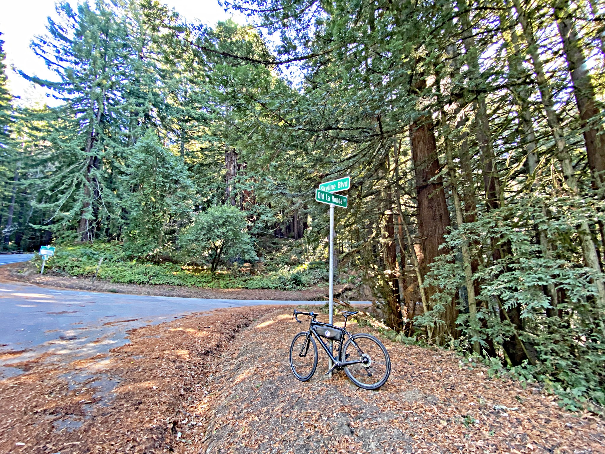 Cycling Old La Honda Road, California - bike parked against roadsigns at intersection of Skyline Boulevard and Old La Honda Road