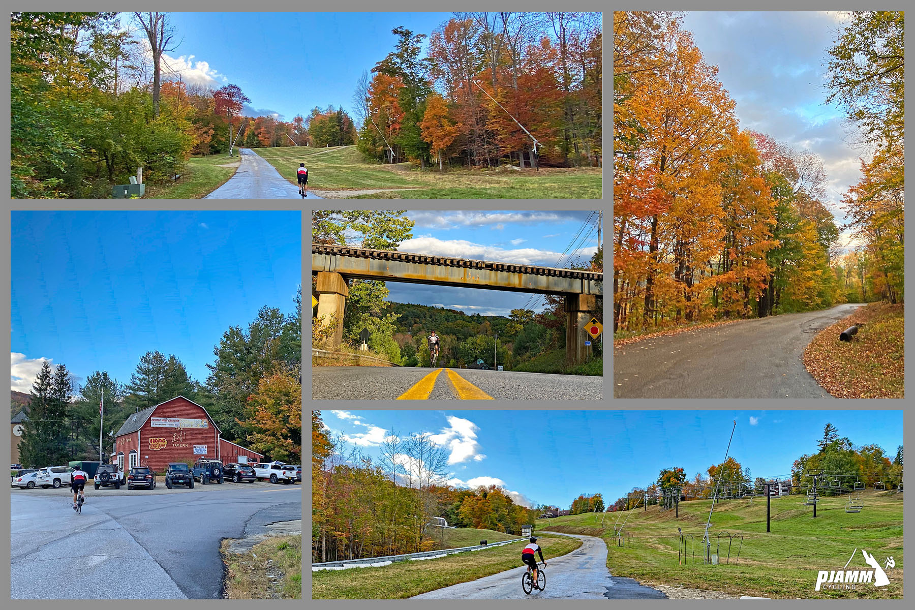 Cycling Okemo, Vermont - views along the first third of the climb, including lots of fall foliage and a large red barn, PJAMM Cycling logo in corner