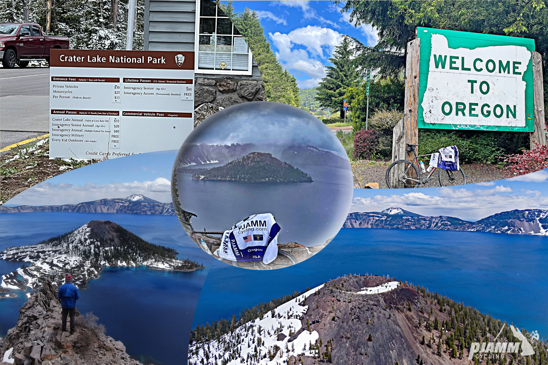 Cycling Crater Lake, Oregon - photo collage, sign at entrance of Crater Lake National Park, bike parked in front of "Welcome to Oregon" border sign, cone shaped island in center of Crater Lake, PJAMM Cycling logo in corner