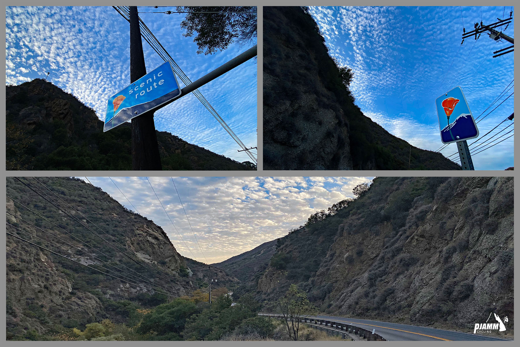 Cycling Topanga Canyon Boulevard to Stunt Road - road sign for Scenic Route, two lane roadway in the mountains