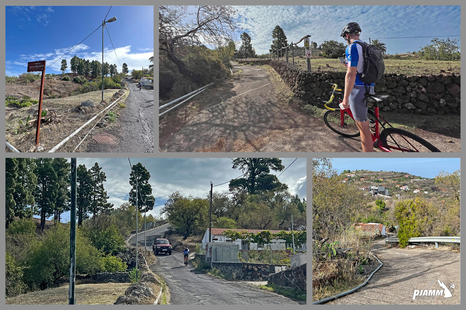 photo collage shows rough roadway and old village at segment 3 of climb