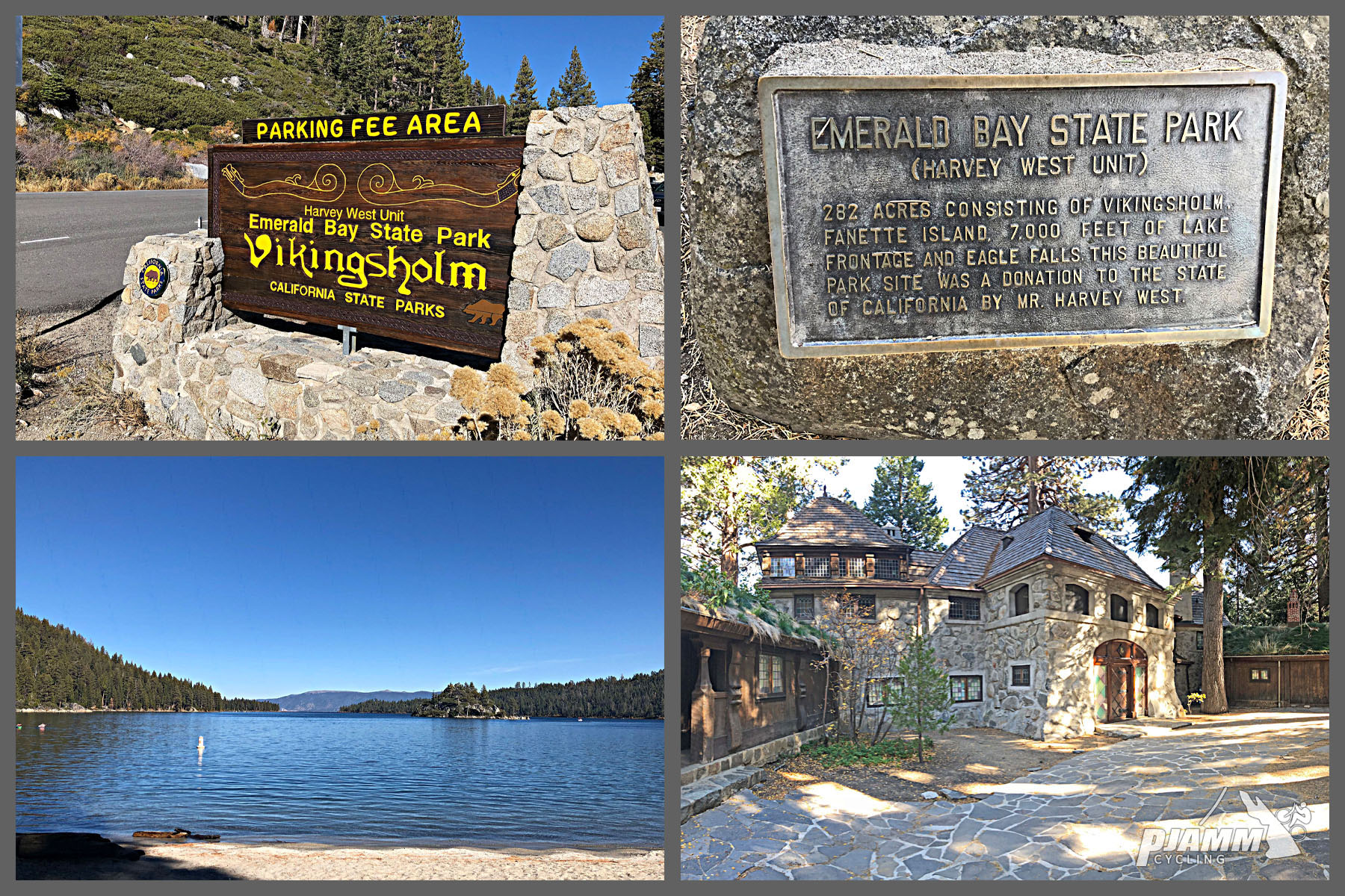 photo collage, signs for Emerald Bay State Park; old stone building at state park, view from the beach