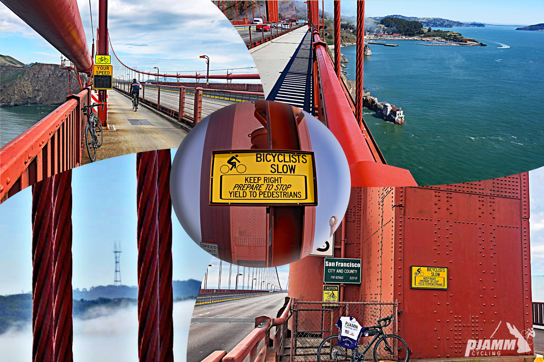 Cycling Golden Gate Bridge to Mt. Tam, California Cycling Golden Gate Bridge to Mt. Tam, California - bike parked on bridge, orange walls, fences, and cables, sign reads "Bicyclists Slow, Keep right, prepare to stop, yield to pedestrians'