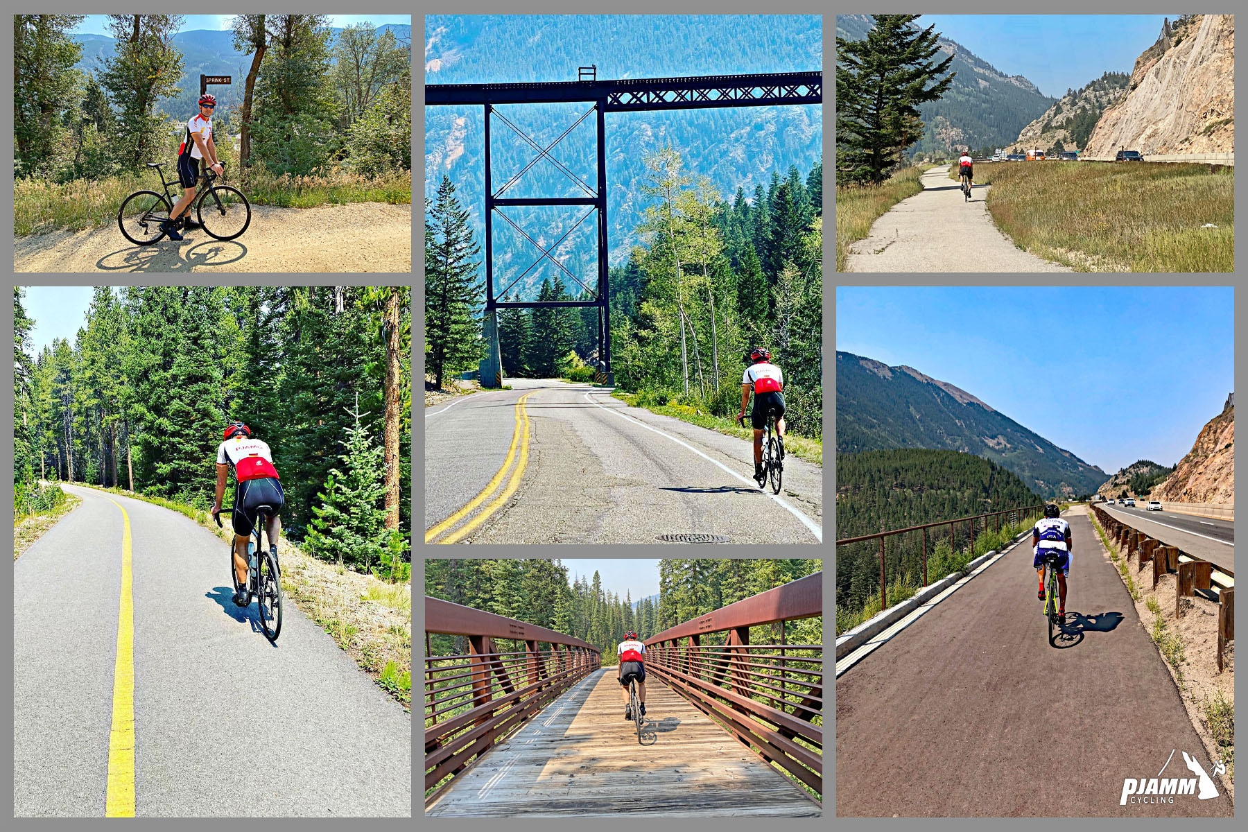 Cycling Loveland Pass from Georgetown - photo collage, PJAMM Cycling logo in corner, cyclists climbing on bike path and two-lane roadway, cyclist riding across bridge and under train bridge
