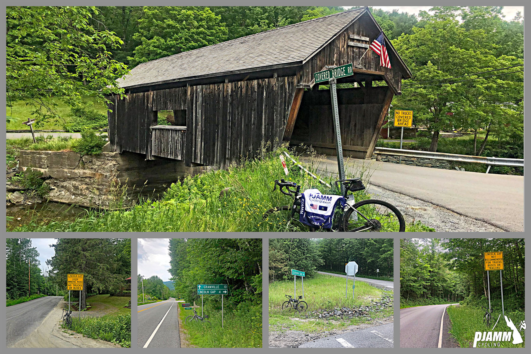 Cycling Lincoln Gap East - photo collage, old wooden covered bridge crossing small river, Covered Bridge Road sign in foreground with bike leaning against it, draped with PJAMM cycling jersey, multiple road signs along road surrounded with dense forestation