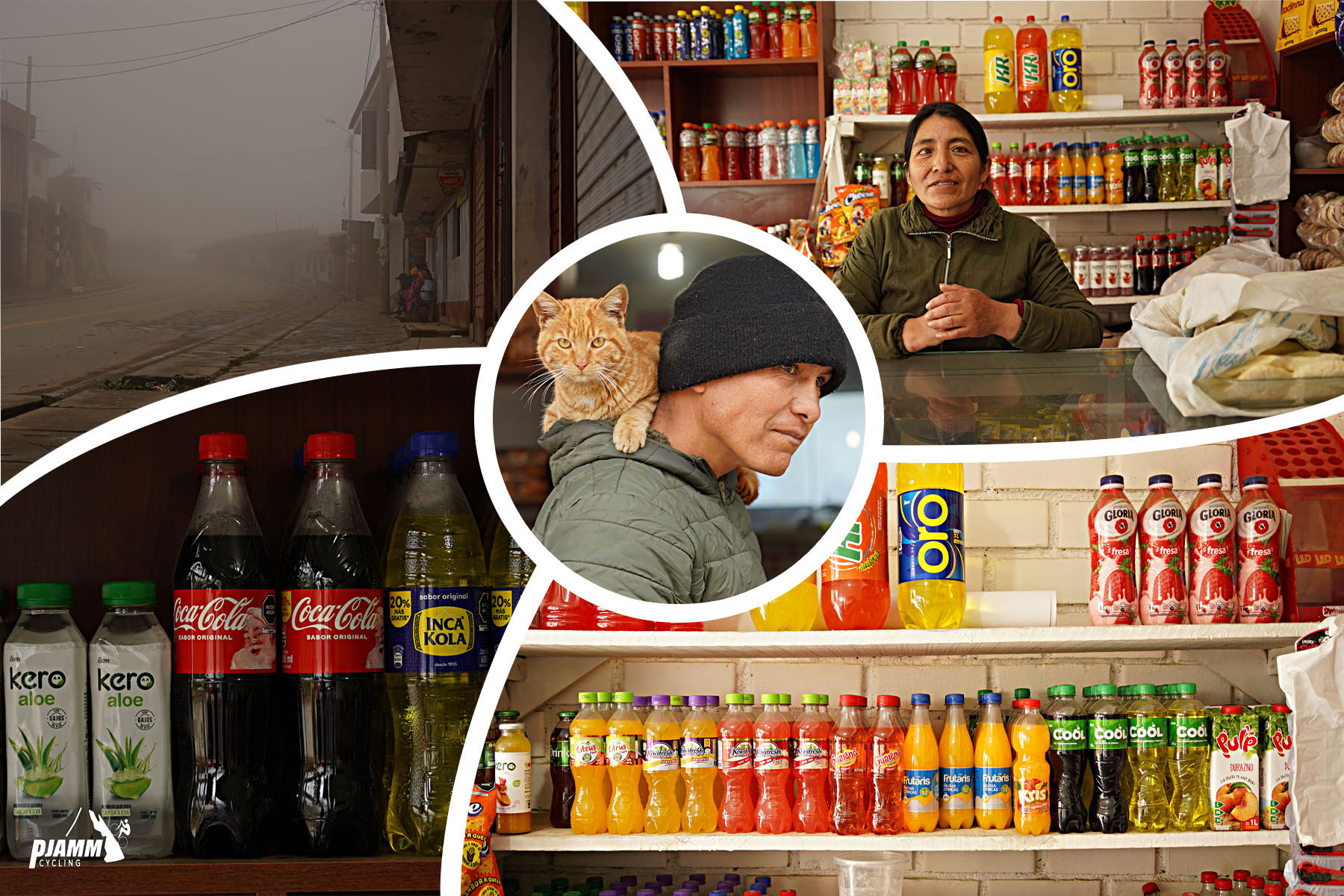 Cycling Punta Callan East, Peru - views inside a market in Yupash, including lots of different bottled drinks, and a man wearing a beanie with an orange cat on his shoulders