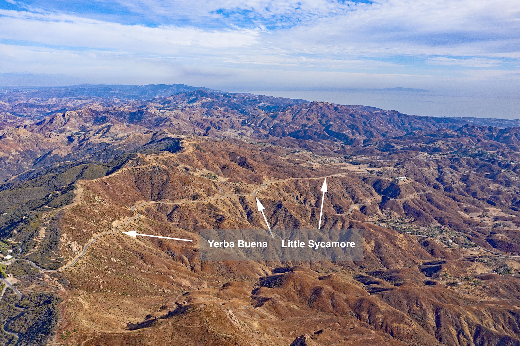 Cycling decker Road to Yerba Buena high point - aerial drone photo overlooking Santa Monica Mountains, Yerba Buena Road and Little Sycamore Roads can be seen in middle of the photo