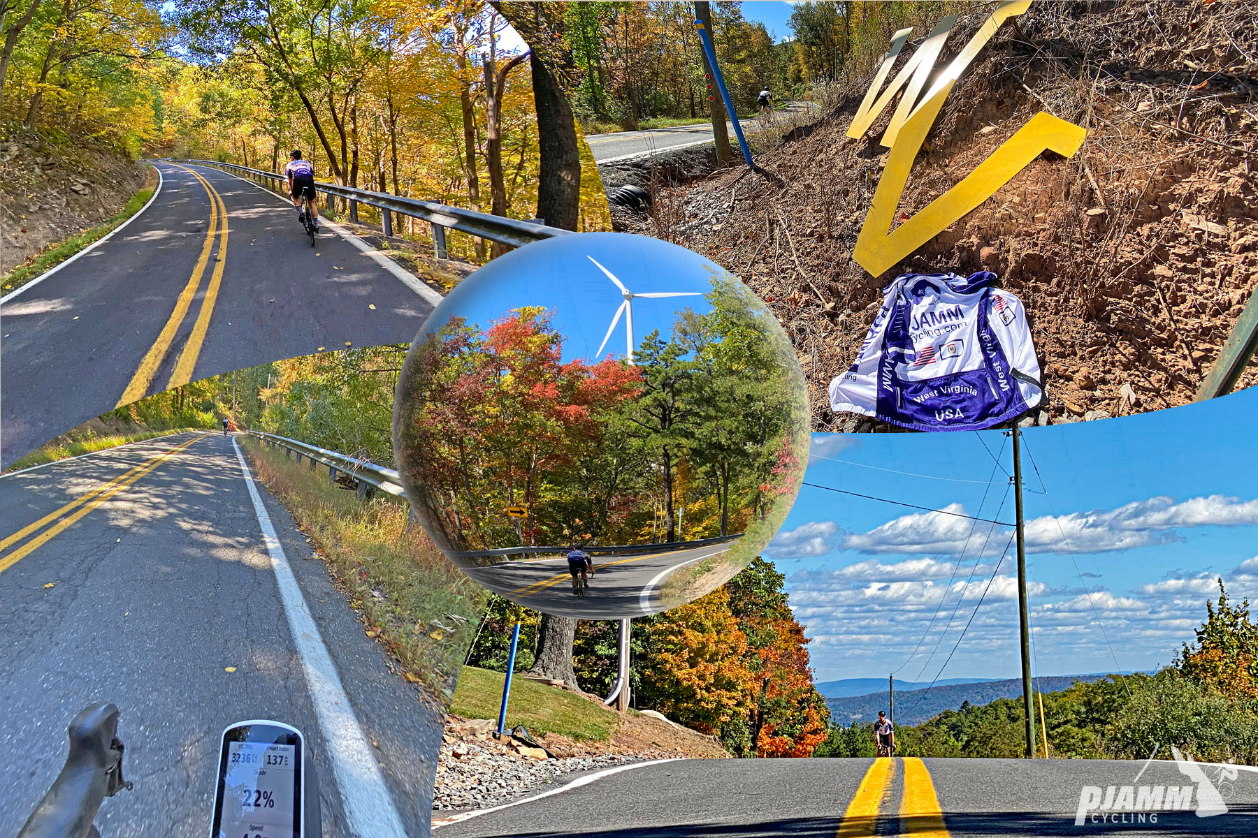 Cycling Woodland Lane, West Virginia - cyclist climbs on two-lane roadway surrounded by fall foliage, Garmin device reads 22% grade, windmill seen in distance, PJAMM cycling logo in corner
