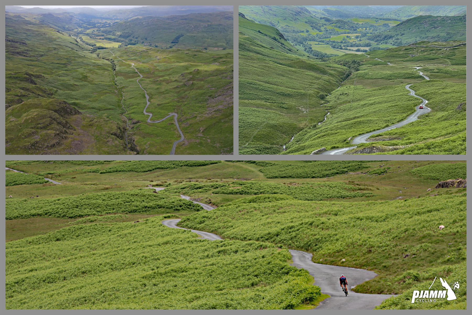 photo collage shows PJAMM cyclist riding down roadway surrounded by green heathered hillsides