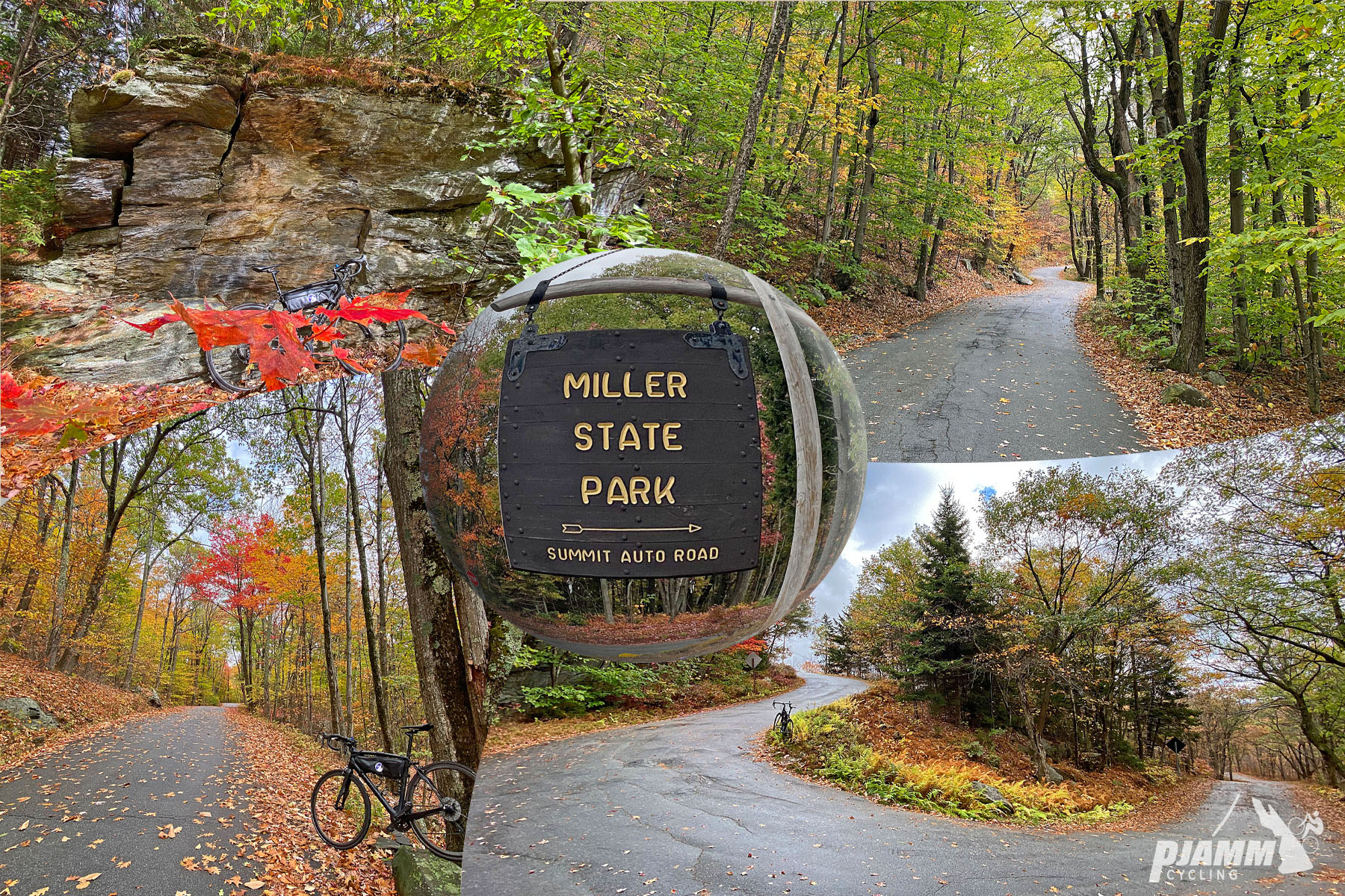 Cycling Pack Monadnock, New Hampshire - sign for Miller State Park, fall foliage, one-lane roadway, PJAMM Cycling logo in corner