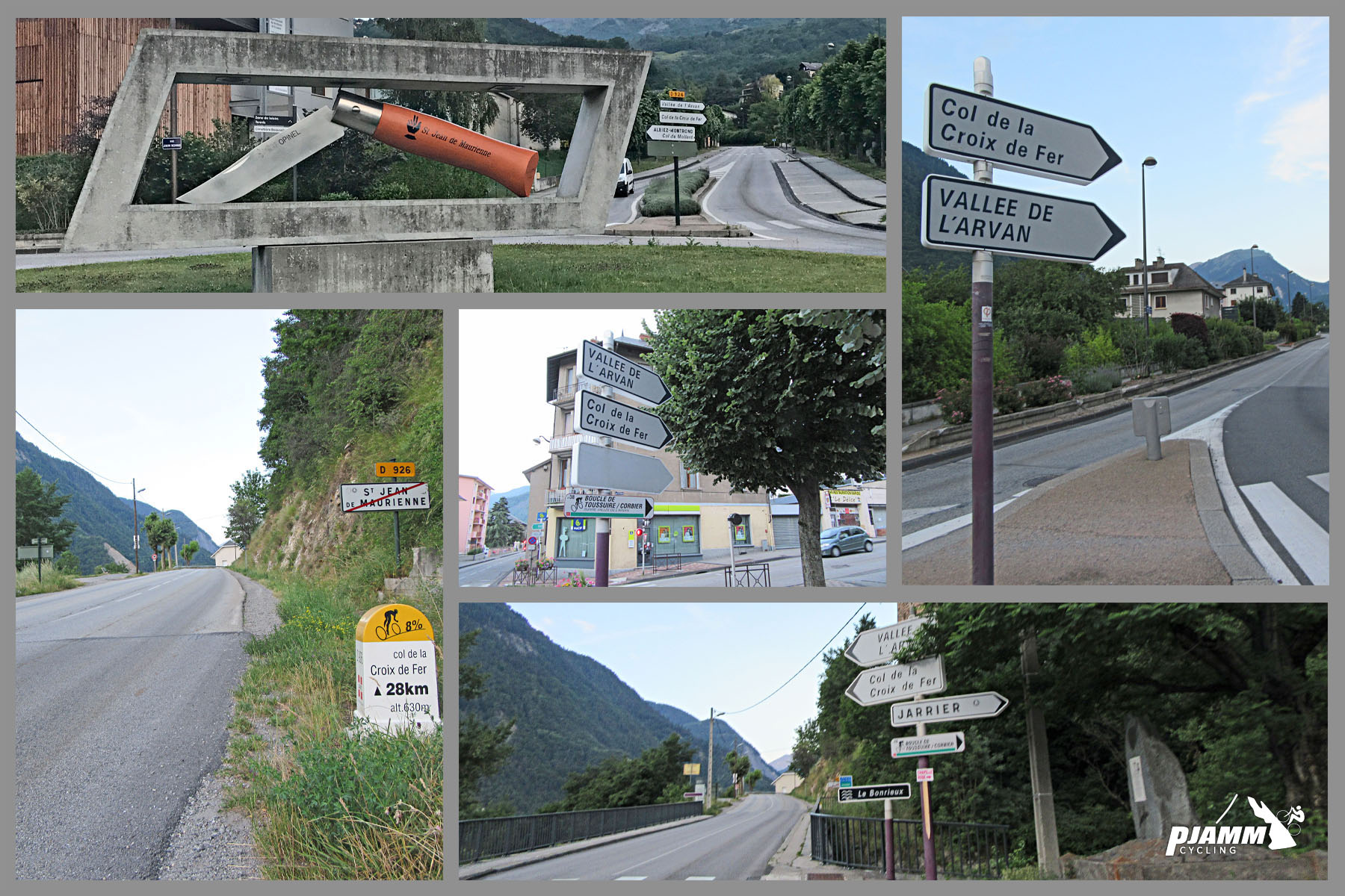 Cycling Col d la Croix de Fer from Saint-Jean-de-Maurienne - photo collage shows large statue of Opinel knife; km markers, road markers along the way