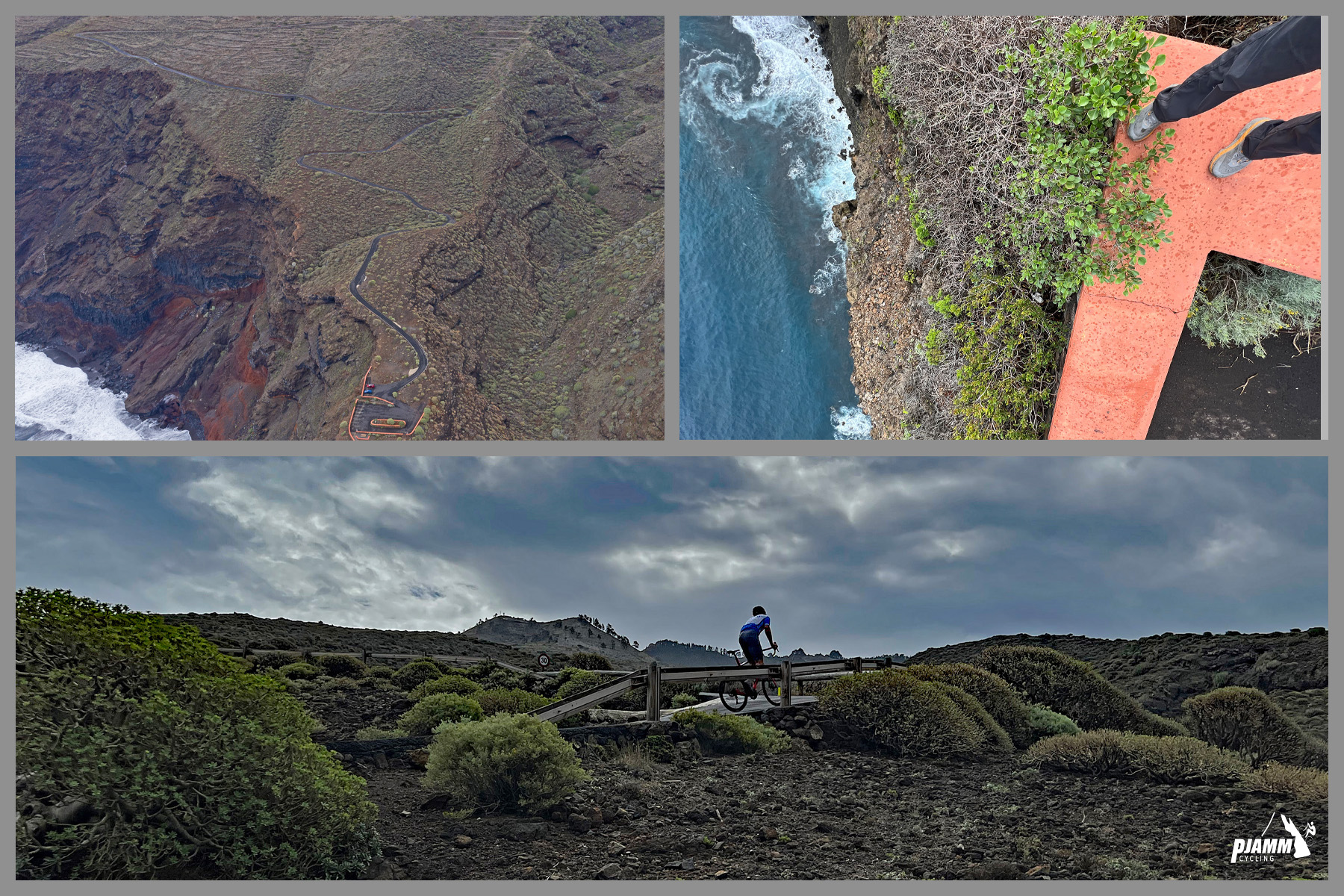 photo collage shows climb start at Mirador el Serradero, aerial view of climb, looking down the cliffside at ocean below, PJAMM Cyclist rides bike across small bridge