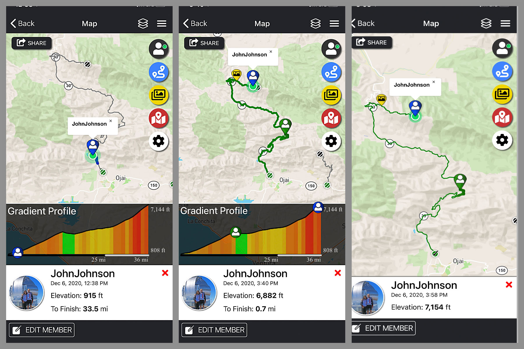 Cycling Highway 33 to Pine Creek Summit  - PJAMM Adventure app showing climb gradient and route
