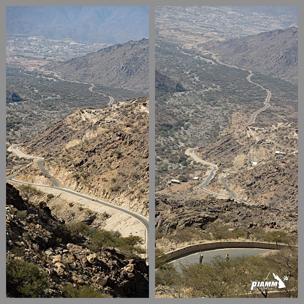 Cycling Baniamr Aquabah Pass, Saudi Arabia - views looking down on roadway from above show just how steep and long it is