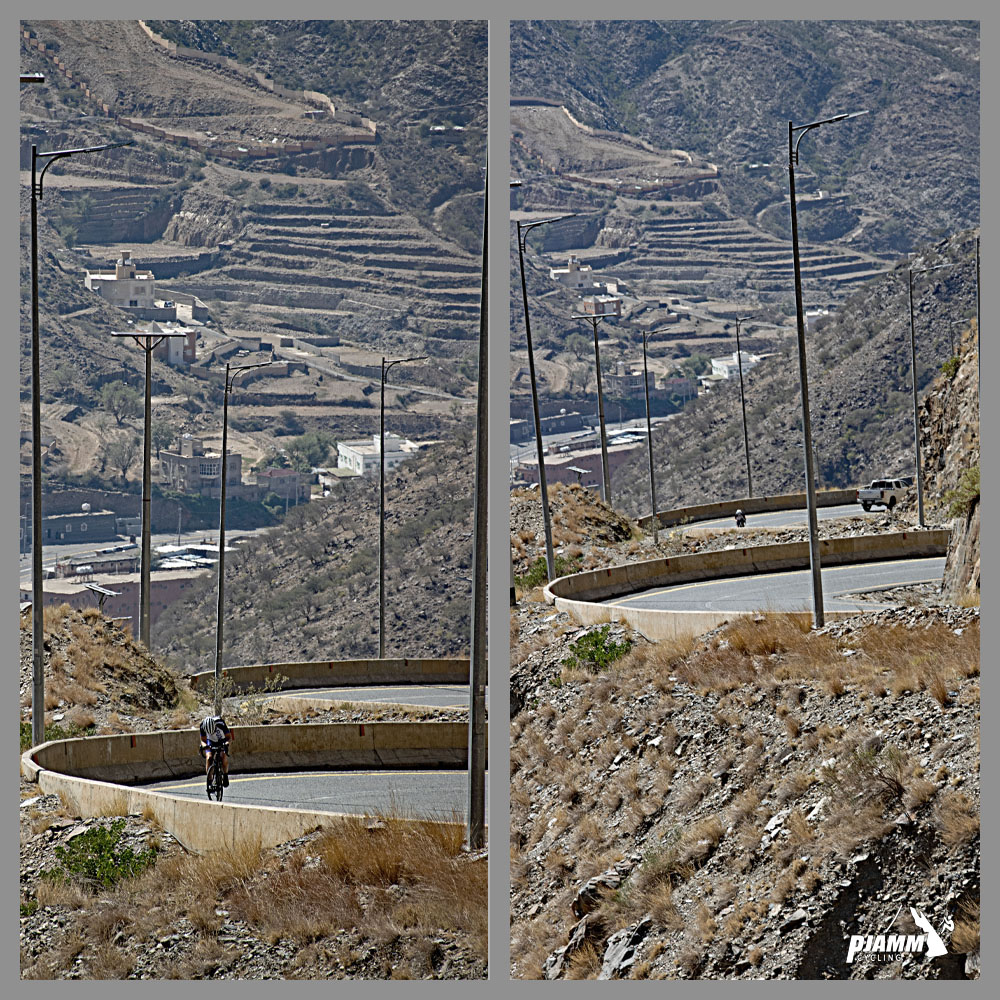 Cycling Mount Souda, Saudi Arabia - PJAMM Cyclist on roadway, extremely sharp sets of back to back hairpins can be seen on roadway in the distance