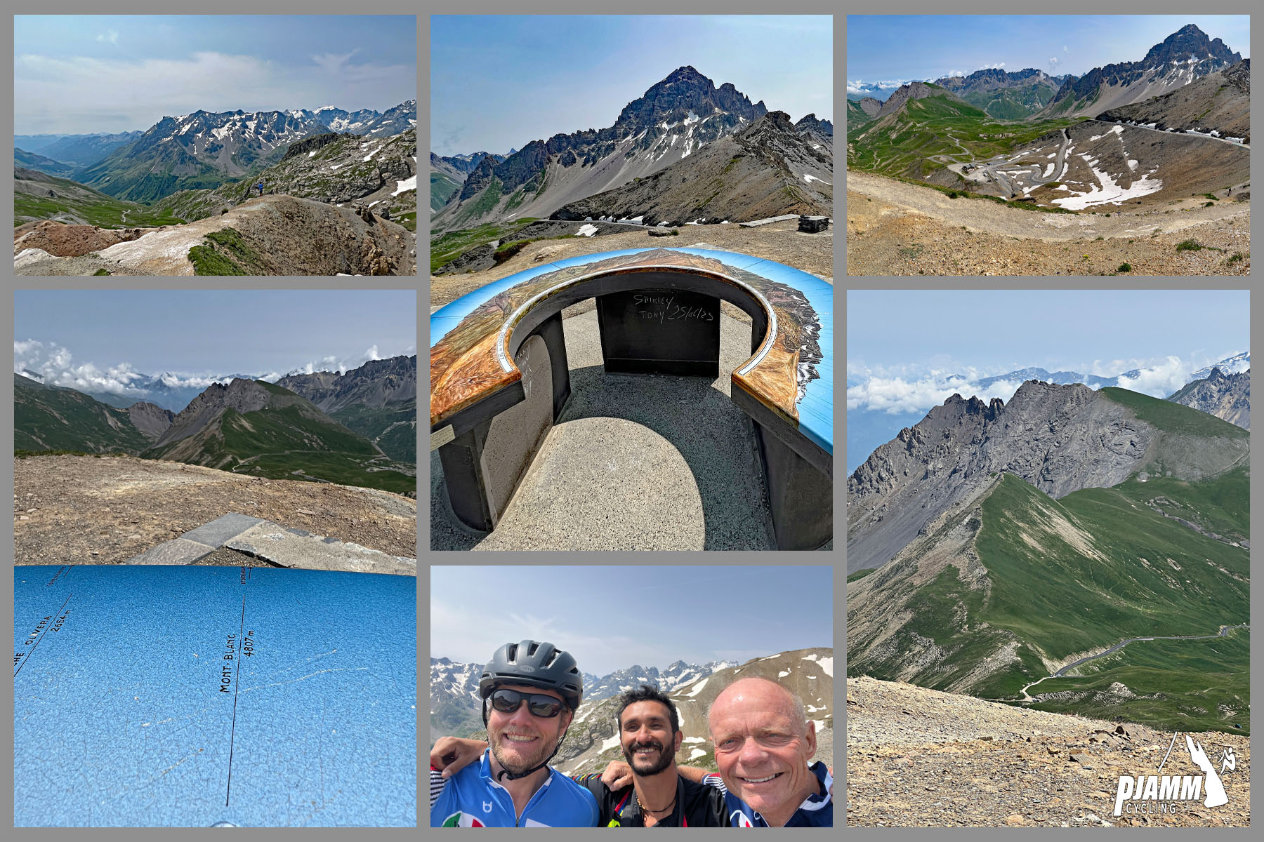 Cycling Col du Galibier & Telegraphe: photo collage shows lookout point and vista views just passed climb finish