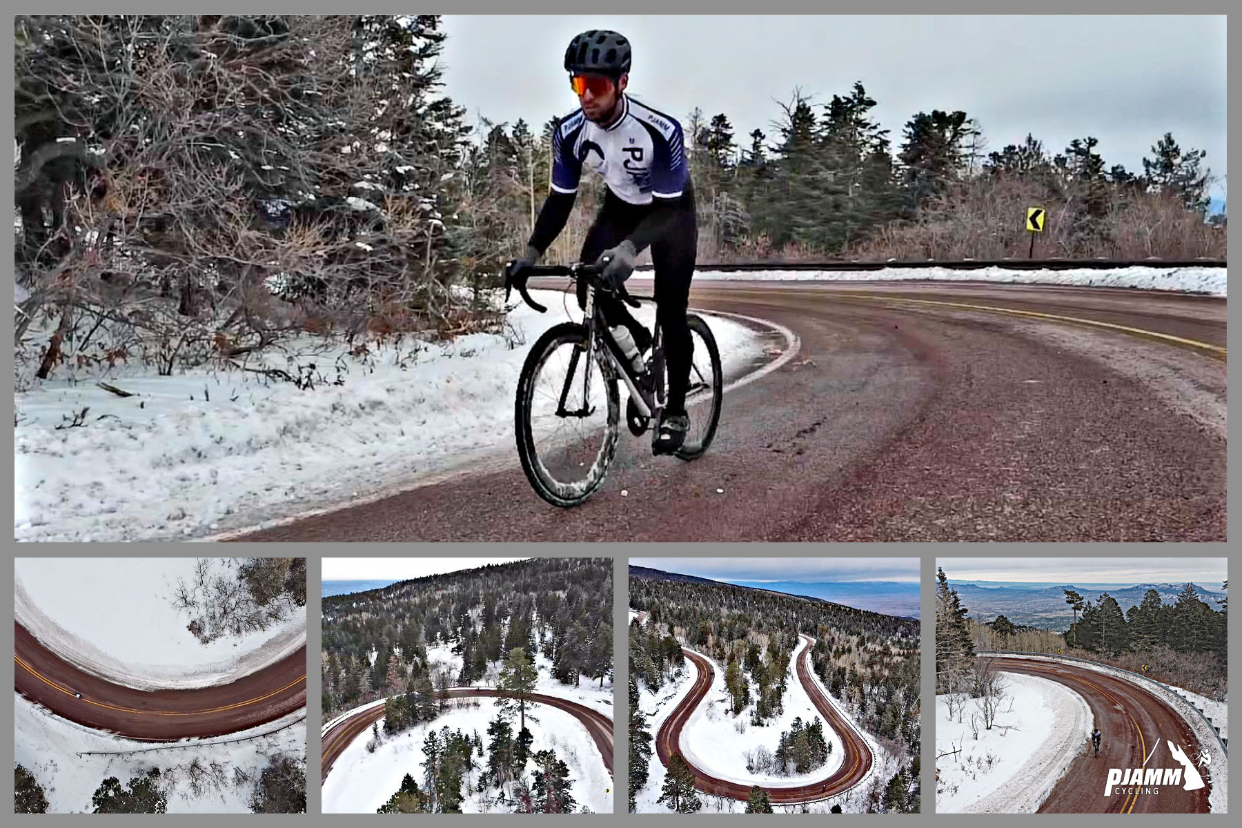 Photo collage including aerial photos of hairpin turns on the climb, snowy day, PJAMM Cyclist rides in the snow