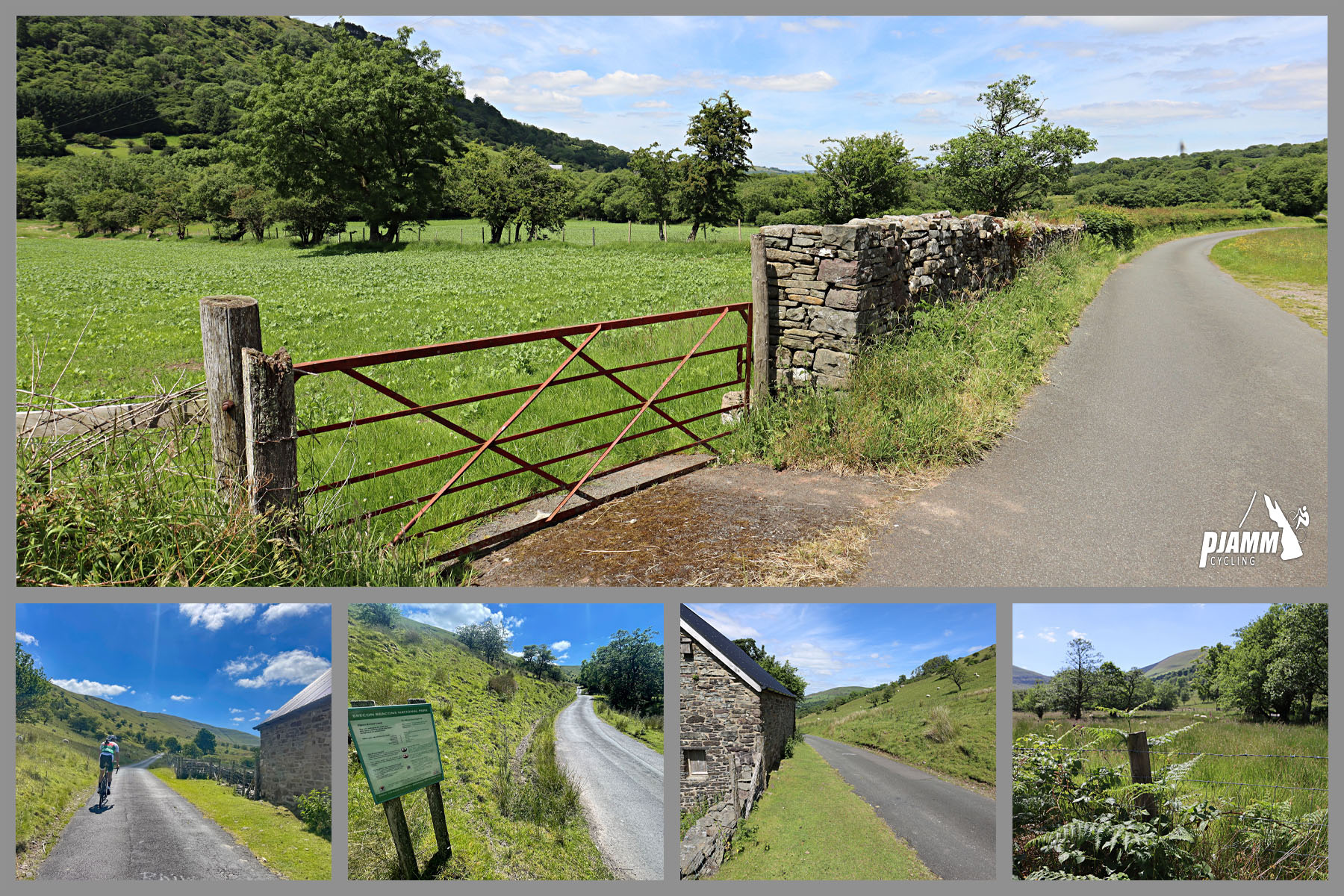 photo collage shows pastureland, old stone buildings, along the climb