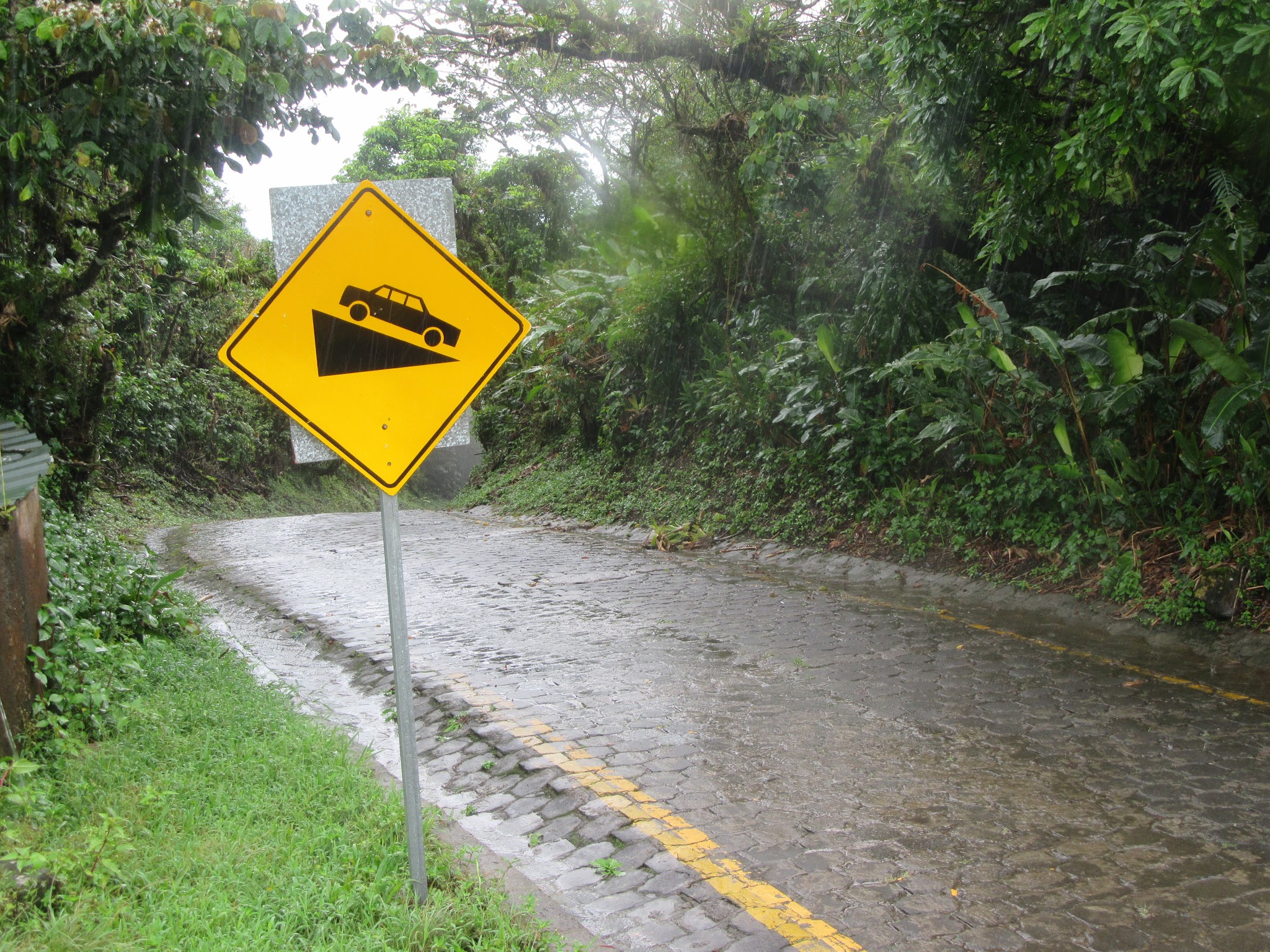 Mombacho Volcano - grade sign at top Bicycling up Mombacho Volcano - steep grade sign at top