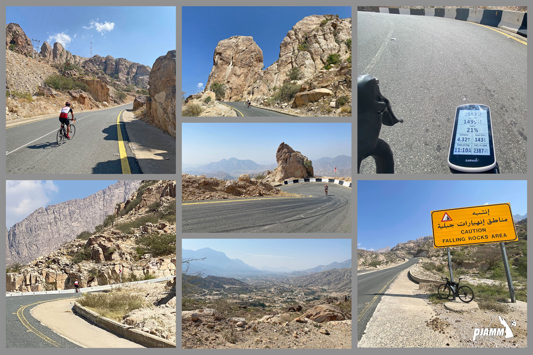 Cycling Parmah Pass, Saudi Arabia - photo collage, PJAMM Cycling logo in corner, views along the climb, PJAMM Cyclist tackles sharp hairpin turns, bike parked in front of yellow road sign reading, "Caution Falling Rocks Area," Garmin device reads 21%