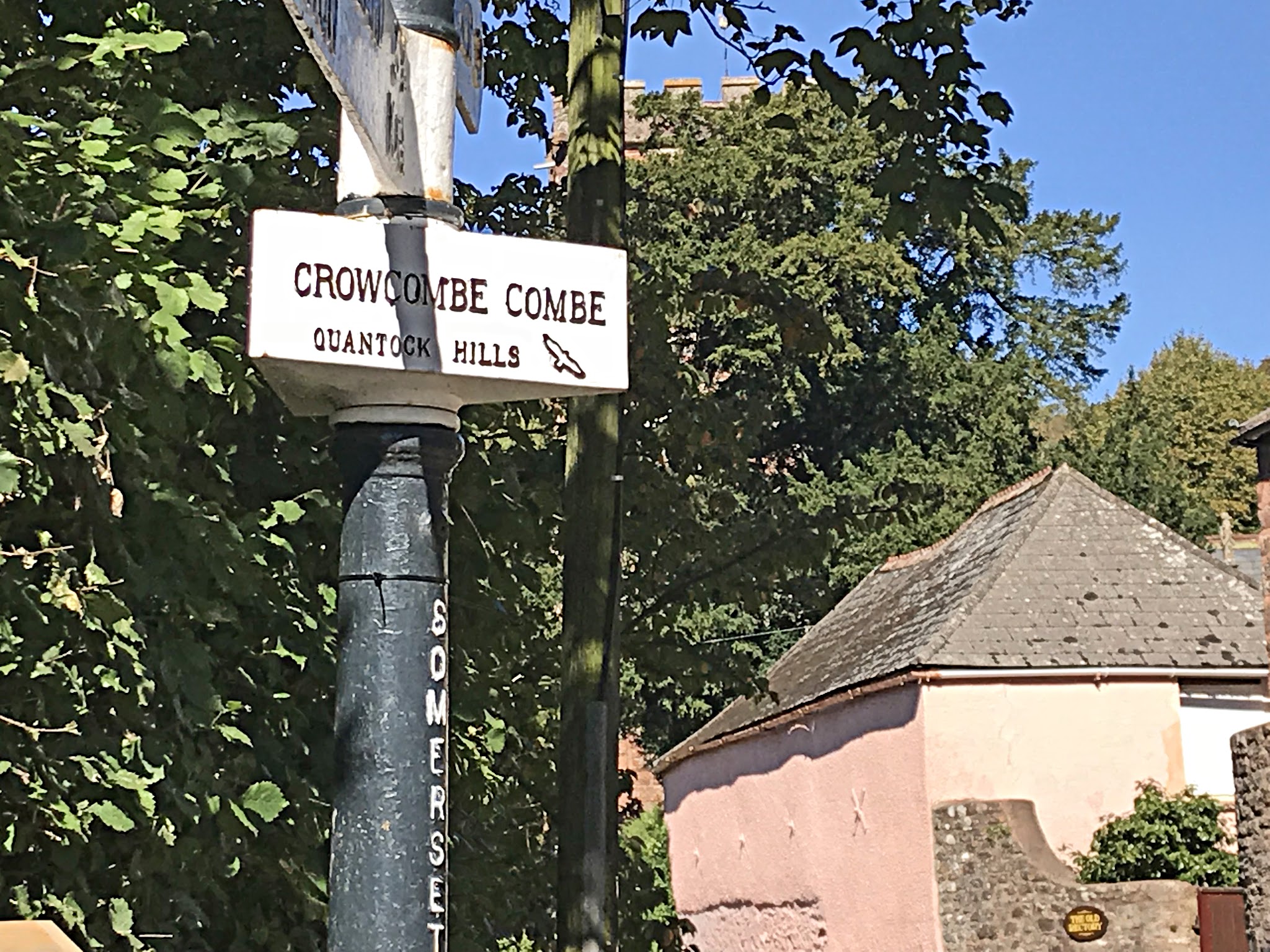 Climbing Crowcombe Comb, Somerset - white road sign for Crowcombe Comb, Quantock Hills