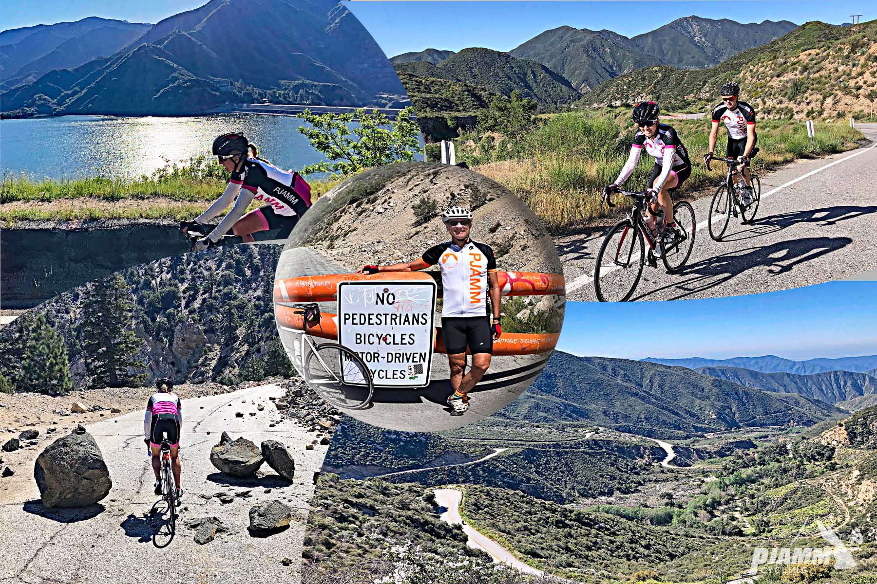 photo collage shows PJAMM Cyclists riding past large boulders strewn across roadway, passed a lake, and in front of a No Pedestrians, Bicycles, or Motor Driven Cycles sign