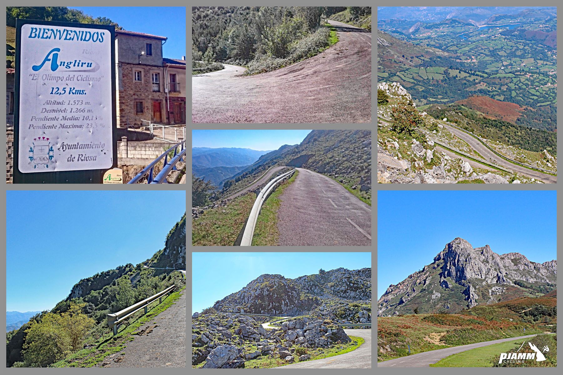 Photo collage,  views along the climb, narrow mountain roadway with sharp s curves, sign reading "Bienvenidos Angliru", PJAMM Cycling logo in corner