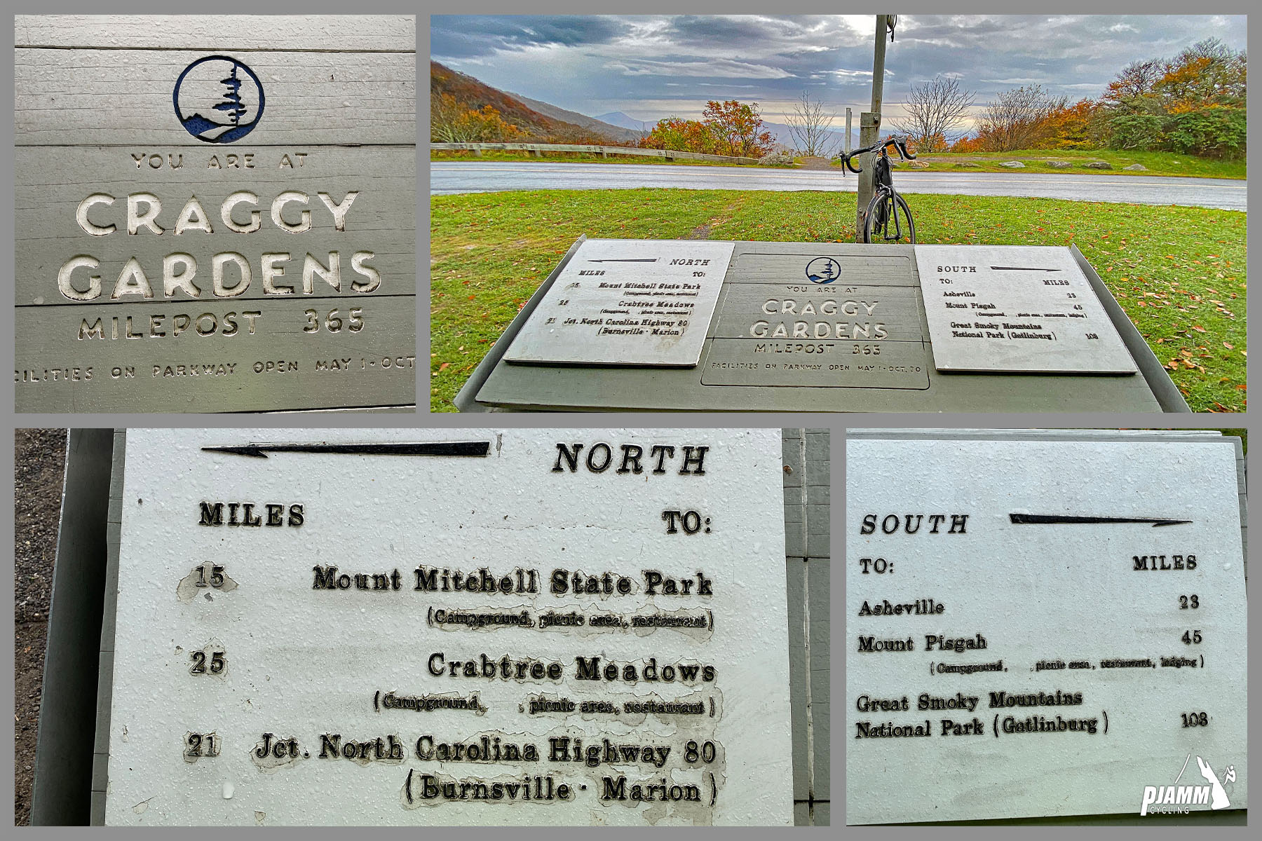 Cycling Blue Ridge Parkway to Craggy Gardens - signs for Craggy Gardens Milepost, information on sights to the north and to the south from this viewpoint on the BRP