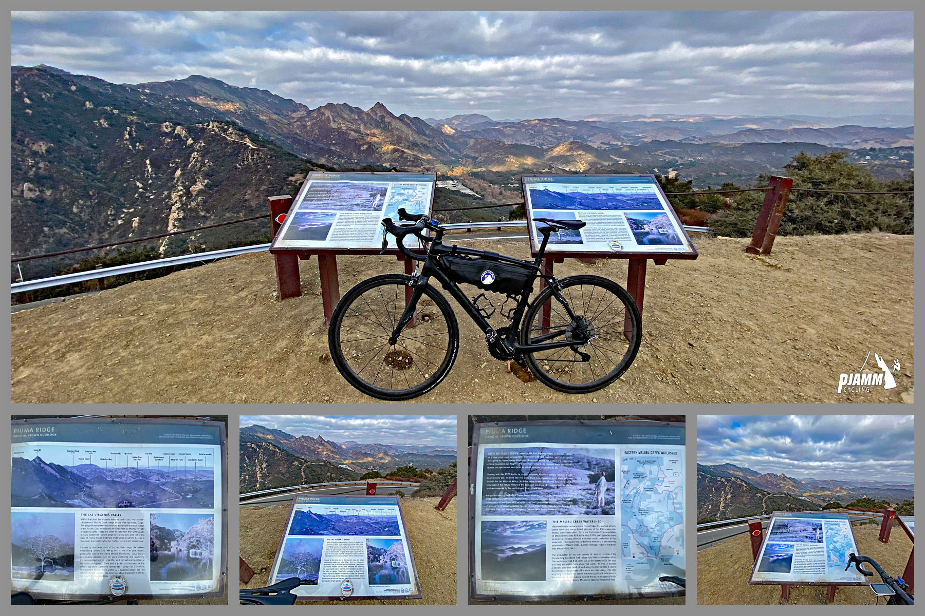 Cycling Malibu Canyon Road to the top of Piuma Road - bike parked against informational signs at David M. Brown Overlook in Santa Monica Mountains, Santa Monica Mountains