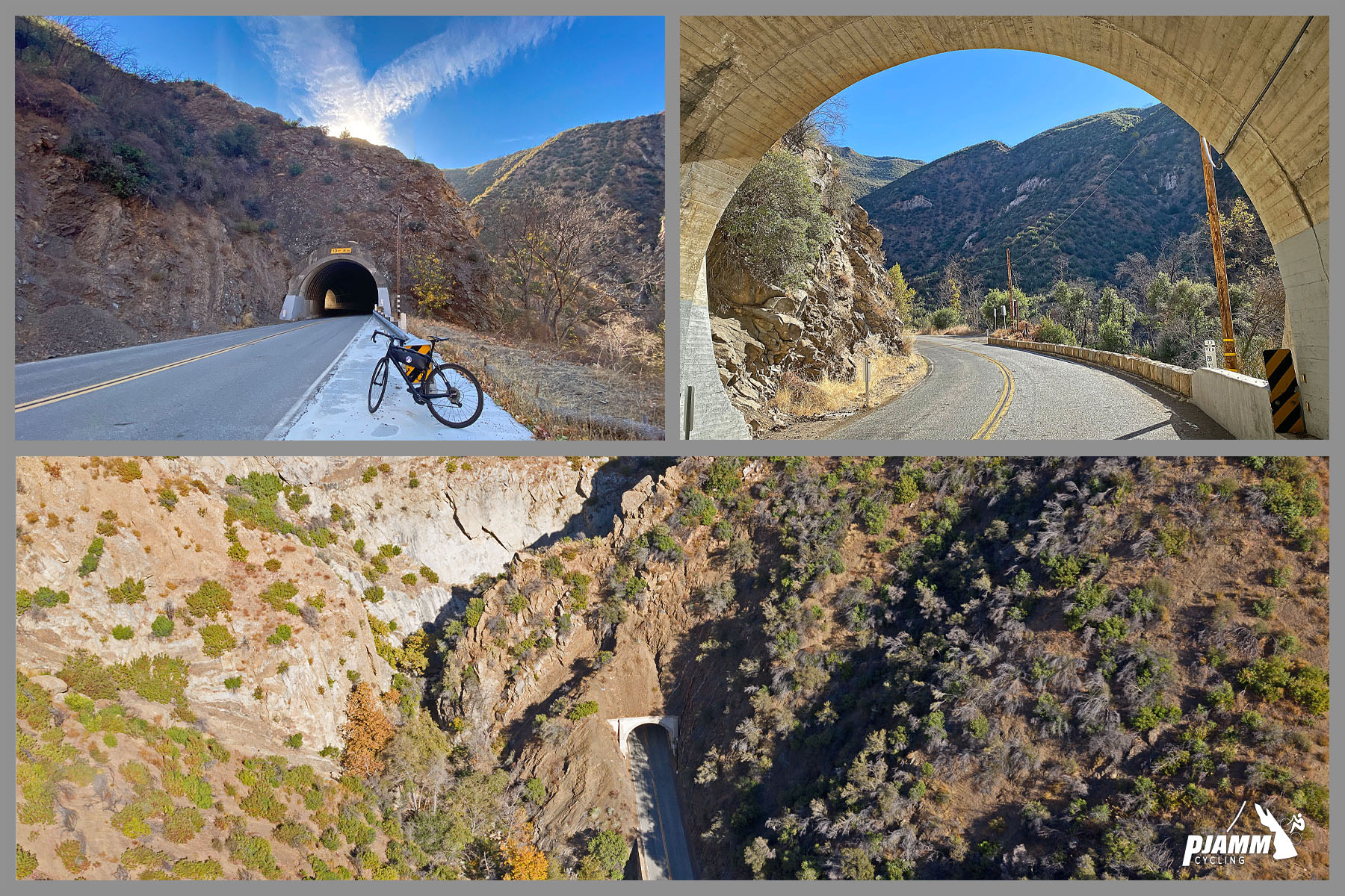 Cycling Highway 33 to Pine Creek Summit -bike parked in front of tunnel at mile 2.6, aerial view of tunnel