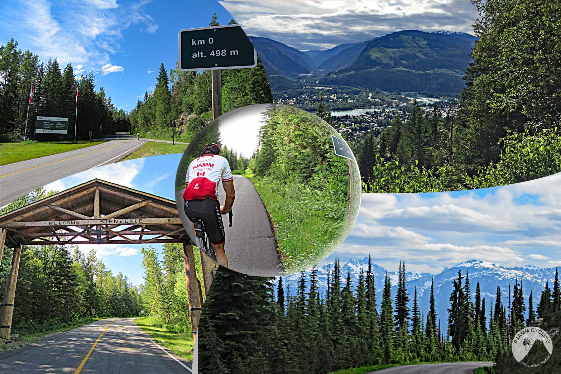 Cycling Mt. Revelstoke, BC, Canada - photo collage, PJAMM Cycling logo in the corner, stretch of road with altitude sign on the side, views from above looking down over lake and town, stretch of curved road along hillside with spiky evergreens, wooden archway over two-lane road reading "Welcome - Bienvenue", cyclist climbing along roadway wearing PJAMM Cycling jersey