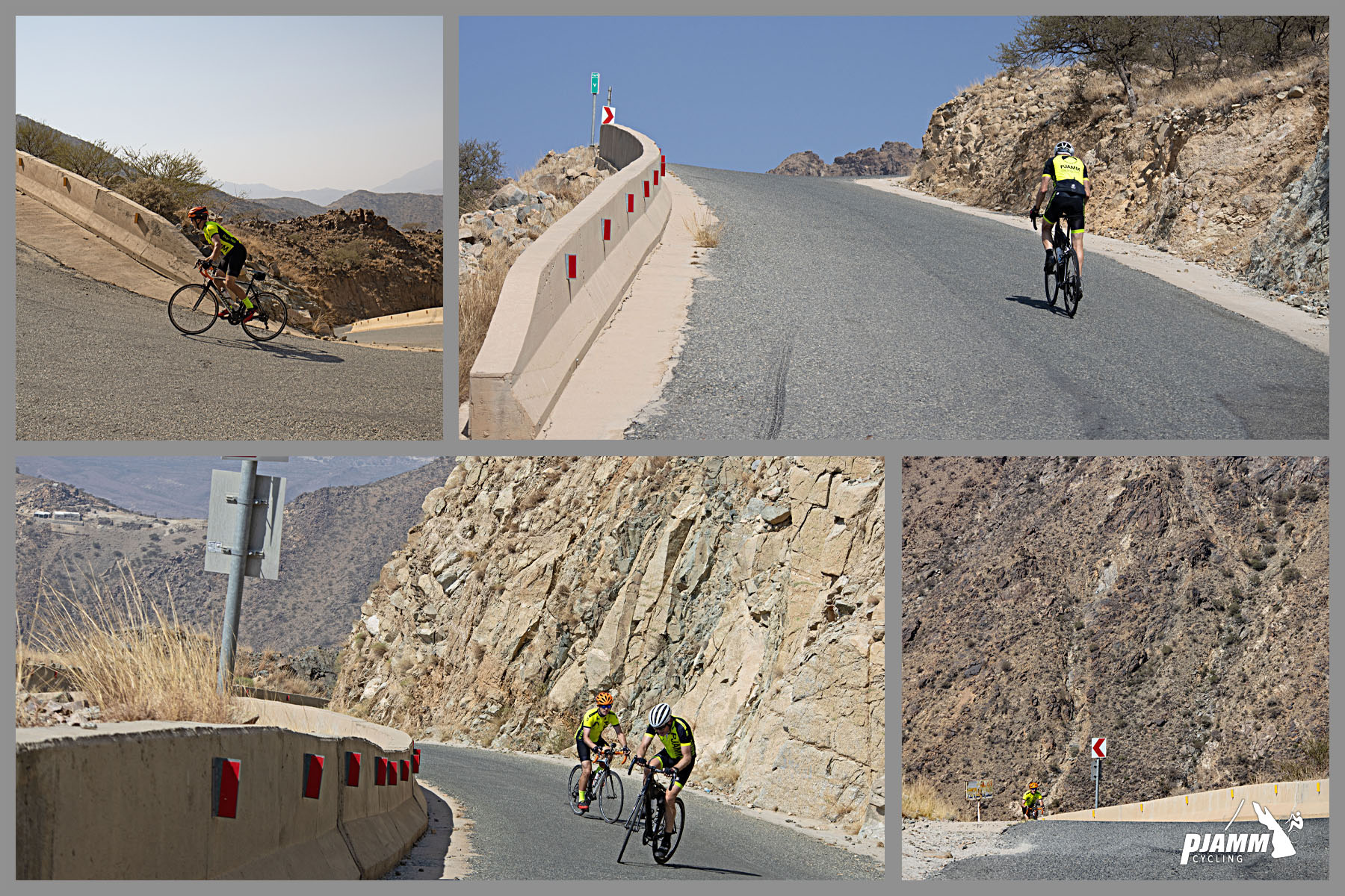 Cycling Baniamr Aquabah Pass, Saudi Arabia - photo collage, 
 two PJAMM Cyclists ride on extremely steep portion of roadway, PJAMM Cycling logo in corner