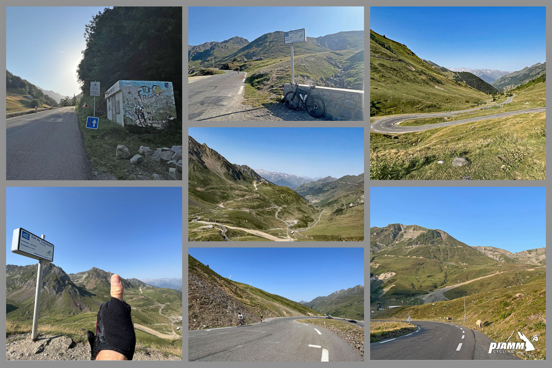 photo collage shows photos on the second half of the climb - French mountains with green pastureland, signs for Tour de France