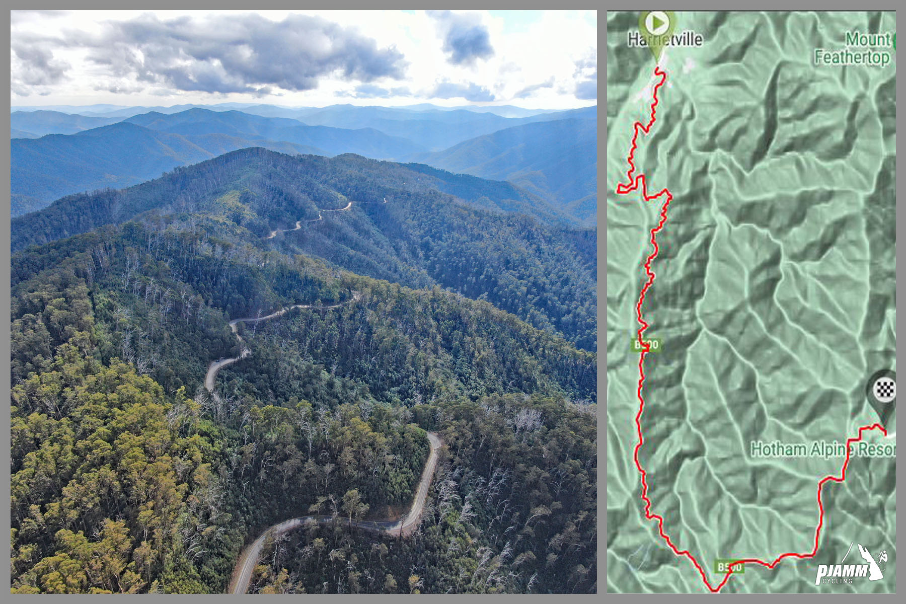 aerial drone view of climb shows mountain road snaking it's way through densely forested mountain