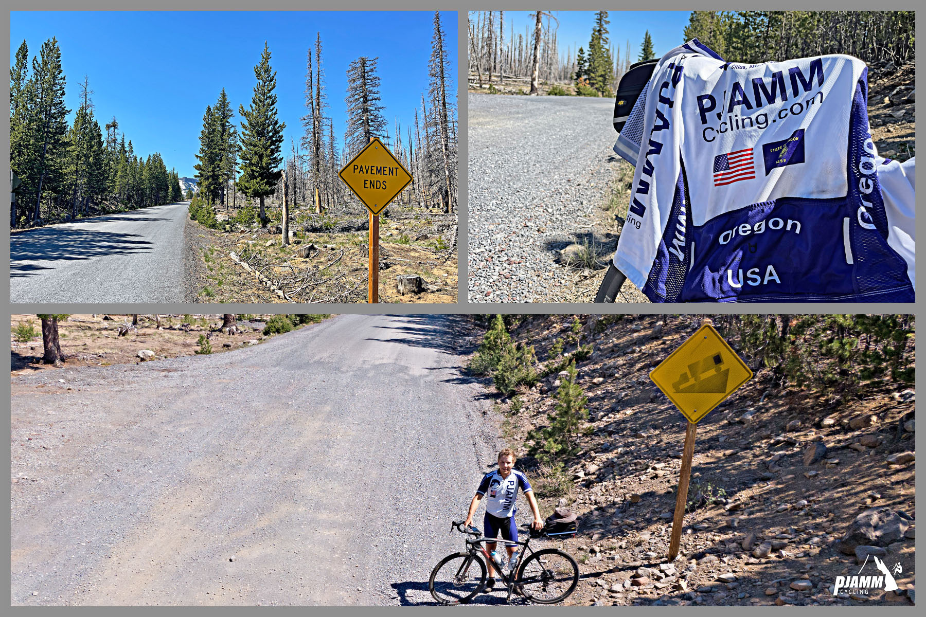 climb finish at the end of pavement, sign reading "Pavement Ends" PJAMM Cyclist standing with bike at the end of road