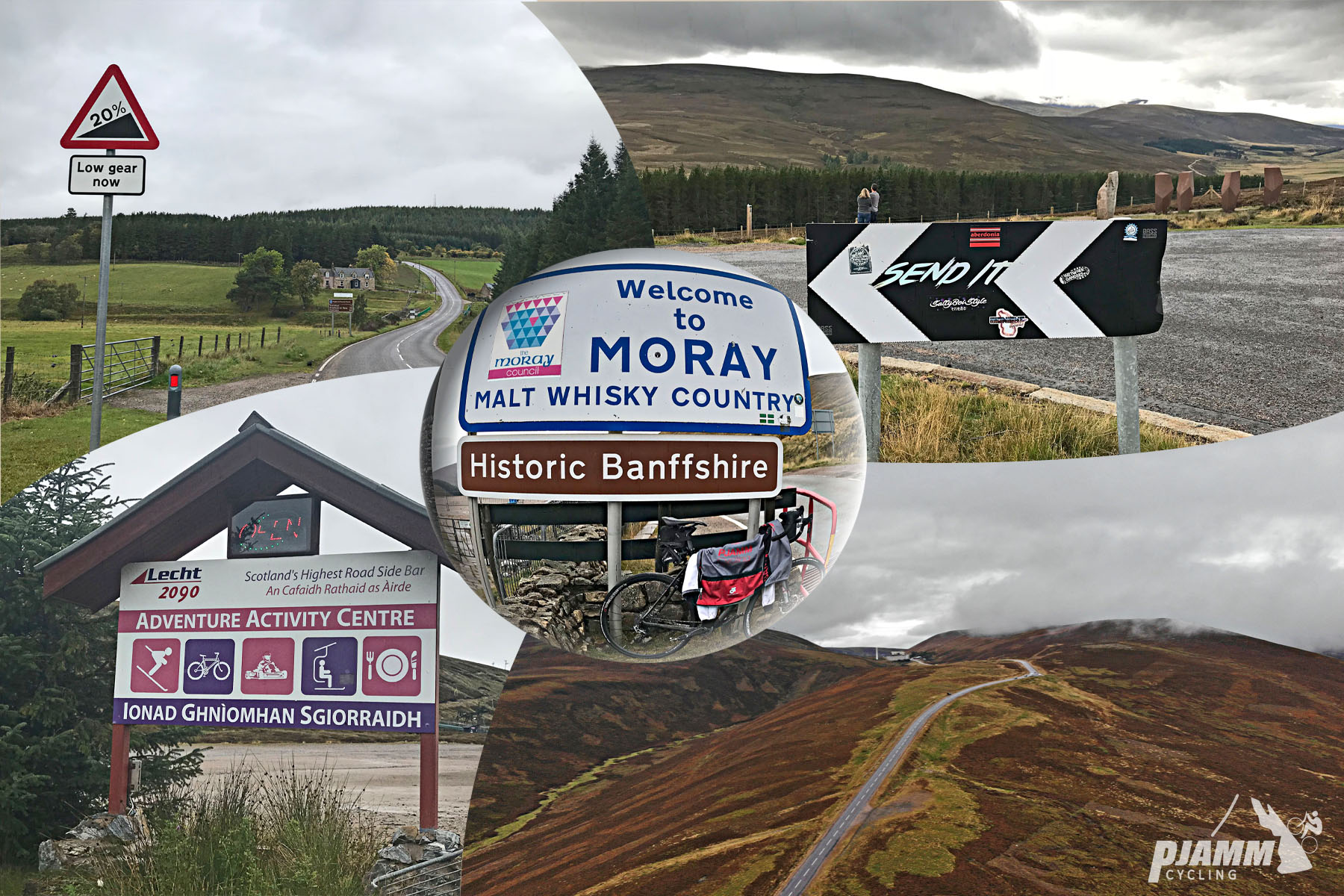 Cycling Lecht Road, Scotland - photo collage, road sign for 20% grade, road sign for sharp turn in road, with sticker on it saying "Send It," aerial view of narrow roadway climbing up center of a reddish-brown hillside, sign for Adventure Activity Centre