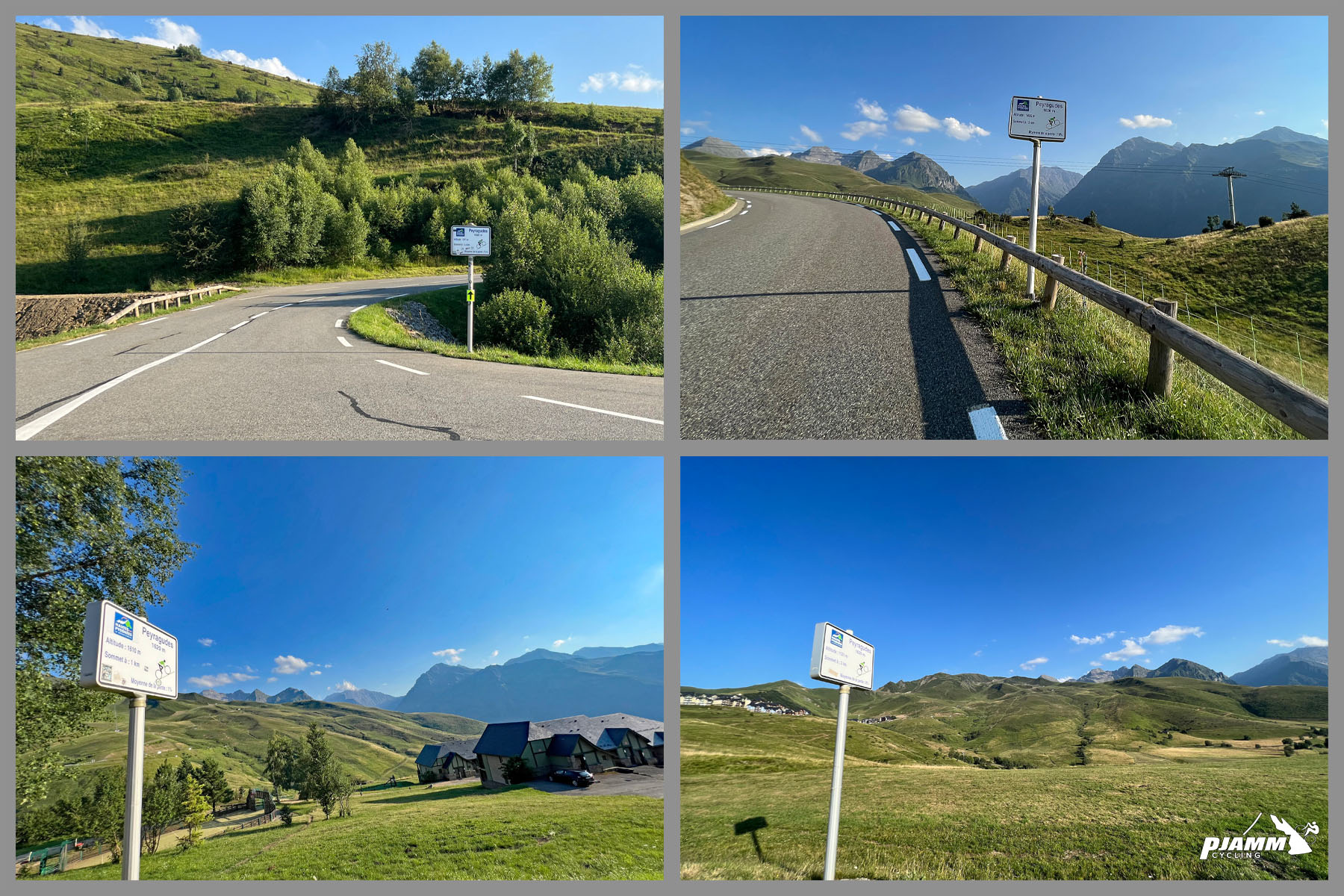 road signs along the climb, green hillsides