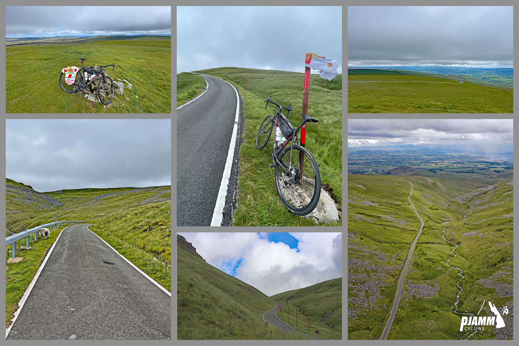 photo collage shows bike parked in green grass on roadside, aerial drone view of small river running parallel to portion of raodway