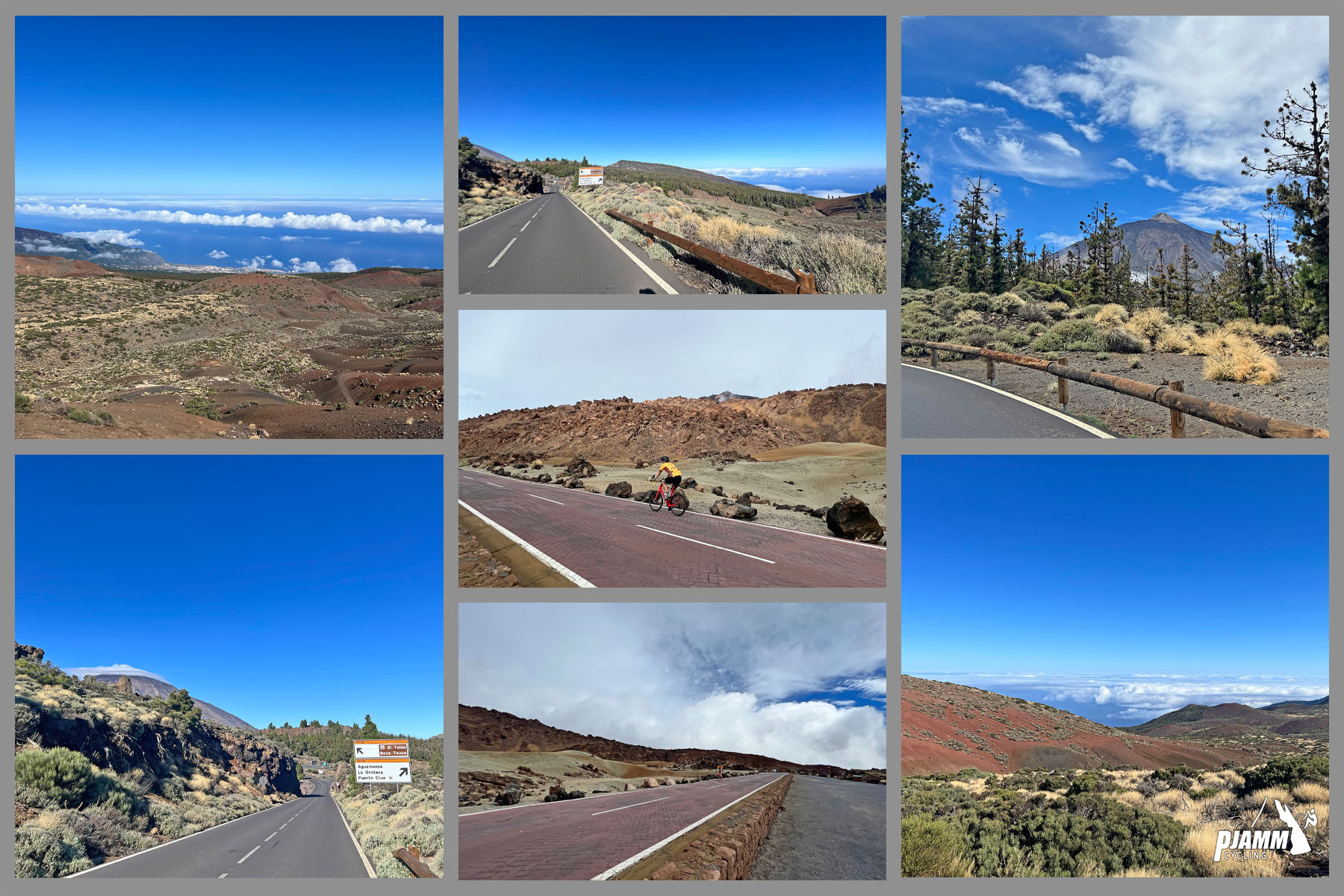 photo collage shows high desert and alpine setting along the two-lane highway roadway of the Mt. Teide from Santa Cruz climb