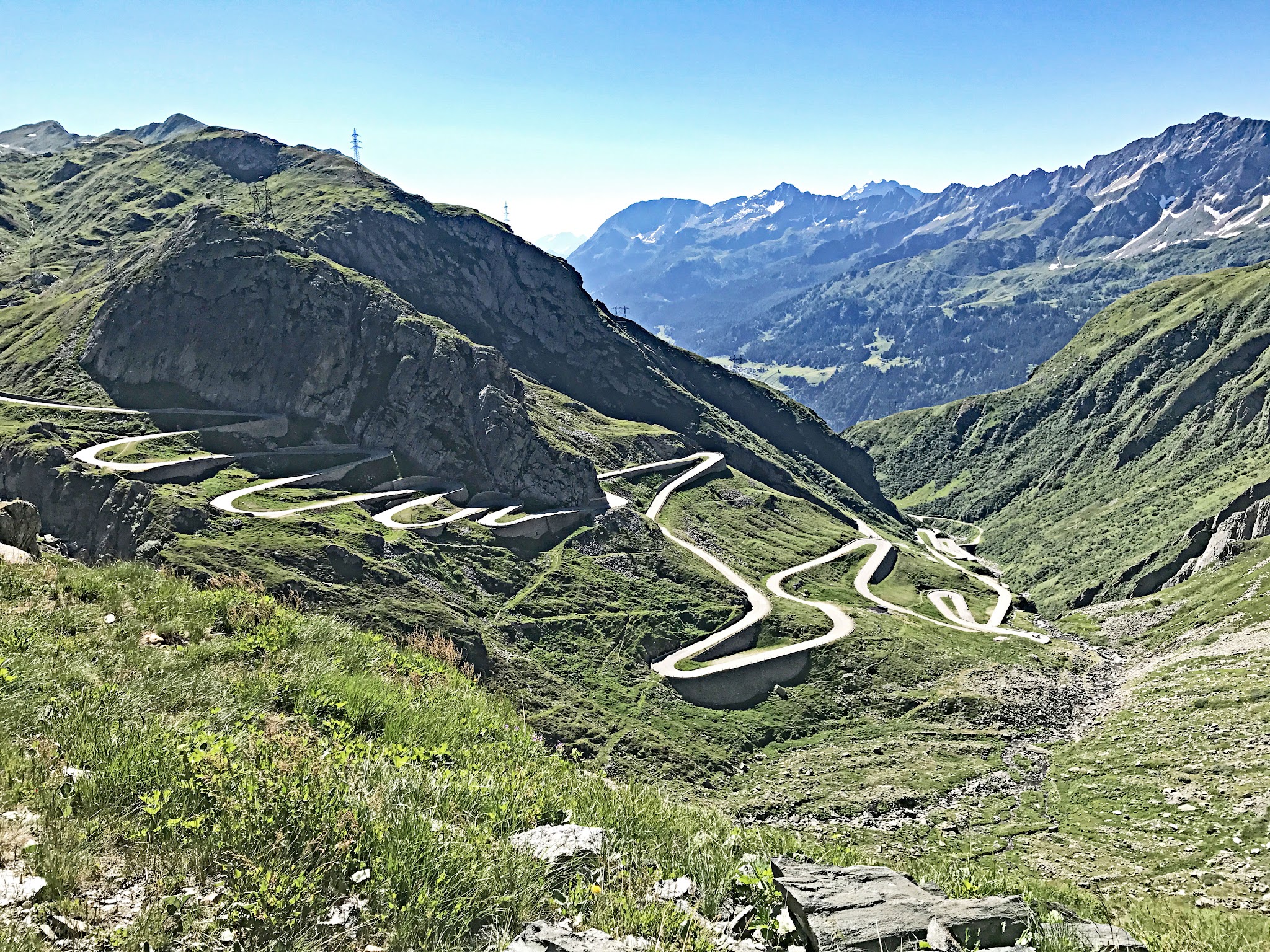 Cycling Gotthard Pass (St. Gotthard Pass), Switzerland - view from the N2 roadway looking at the set of switchbacks on Gotthard Pass