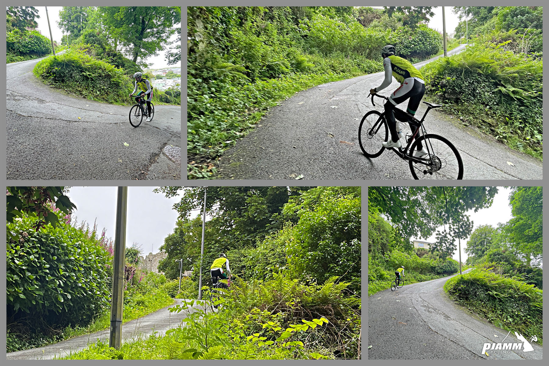 photo collage shows PJAMM Cyclist climbing the incredibly steep section of road on this world's second steepest roadway