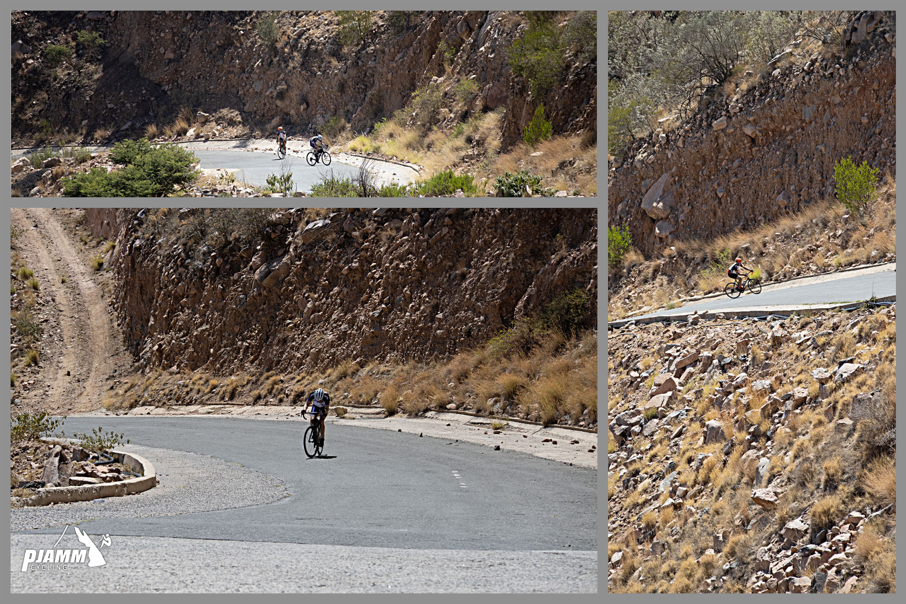 Cycling Rdom Pass, Asir Mountains - photo collage, PJAMM Cycling logo in corner, PJAMM Cyclists ride along the steepest one mile of roadway in the world