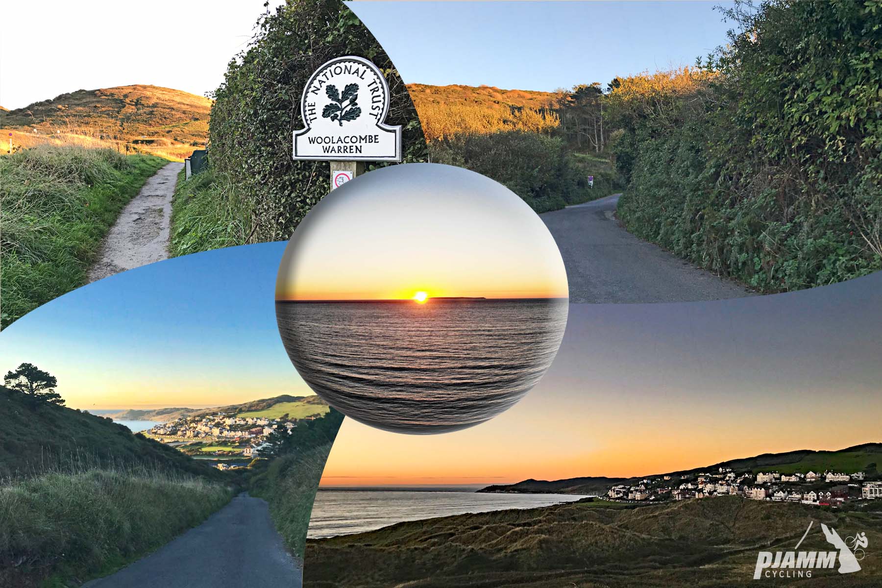 Cycling Challacombe Hill - photo collage, trail lined with tall grasses leading to hillside, white sign stating "The National Trust Woolacombe Warren", hedges growing along sides of pathway, pathway leading toward costal village, sunset over water