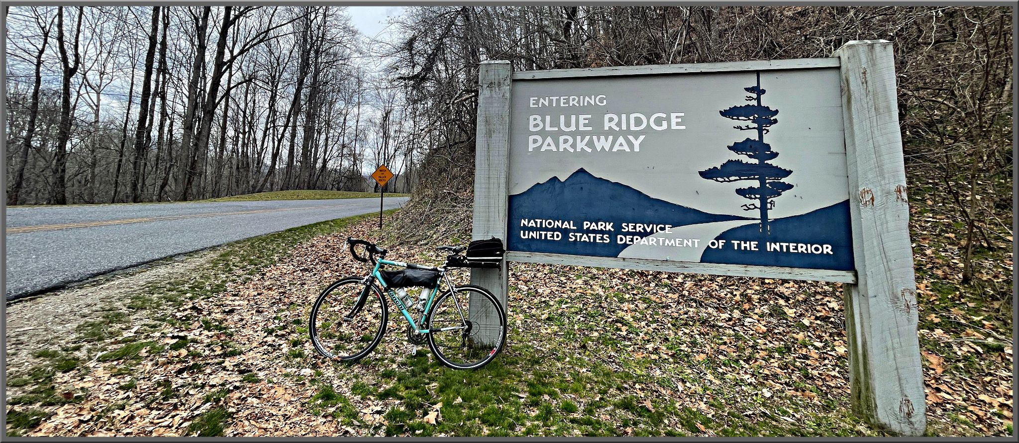 Bike parked next to National Park Service sign for Blue Ridge Parkway