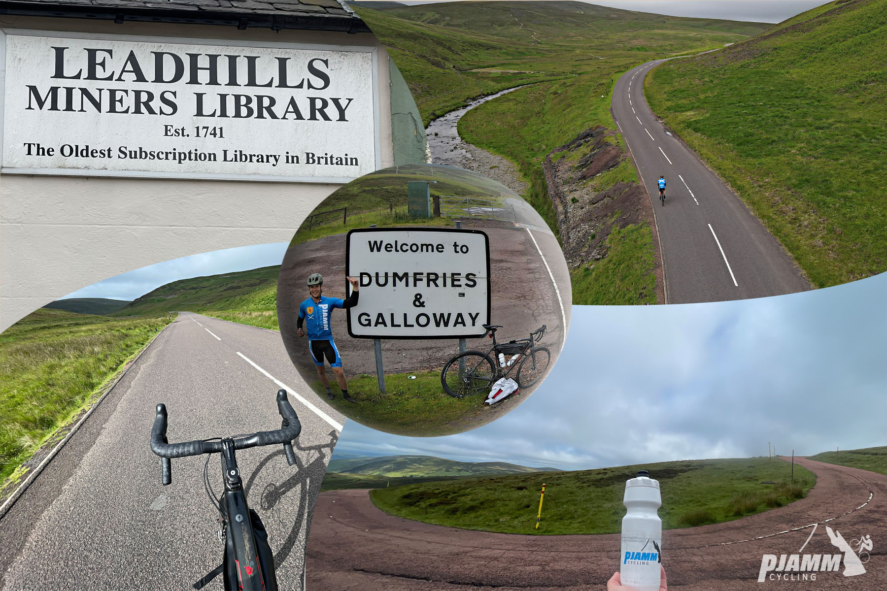 Cycling LOWTHER HILL, Scotland photo collage shows Leadhills Miners Library, PJAMM Cyclist next to sign reading "Welcome to Dumfries & Galloway"