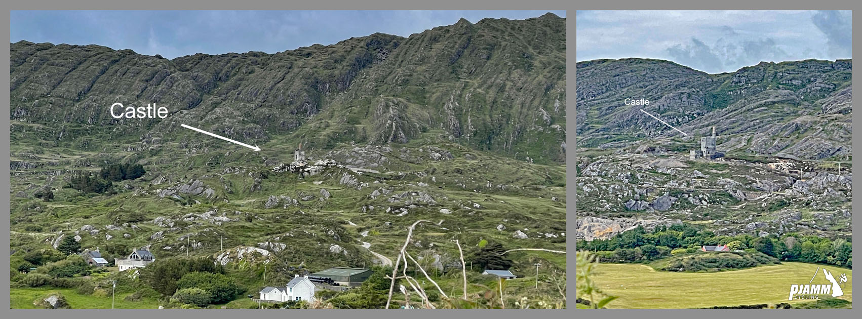 views of hillsides along the climb, looking closely a castle can be seen in the hills