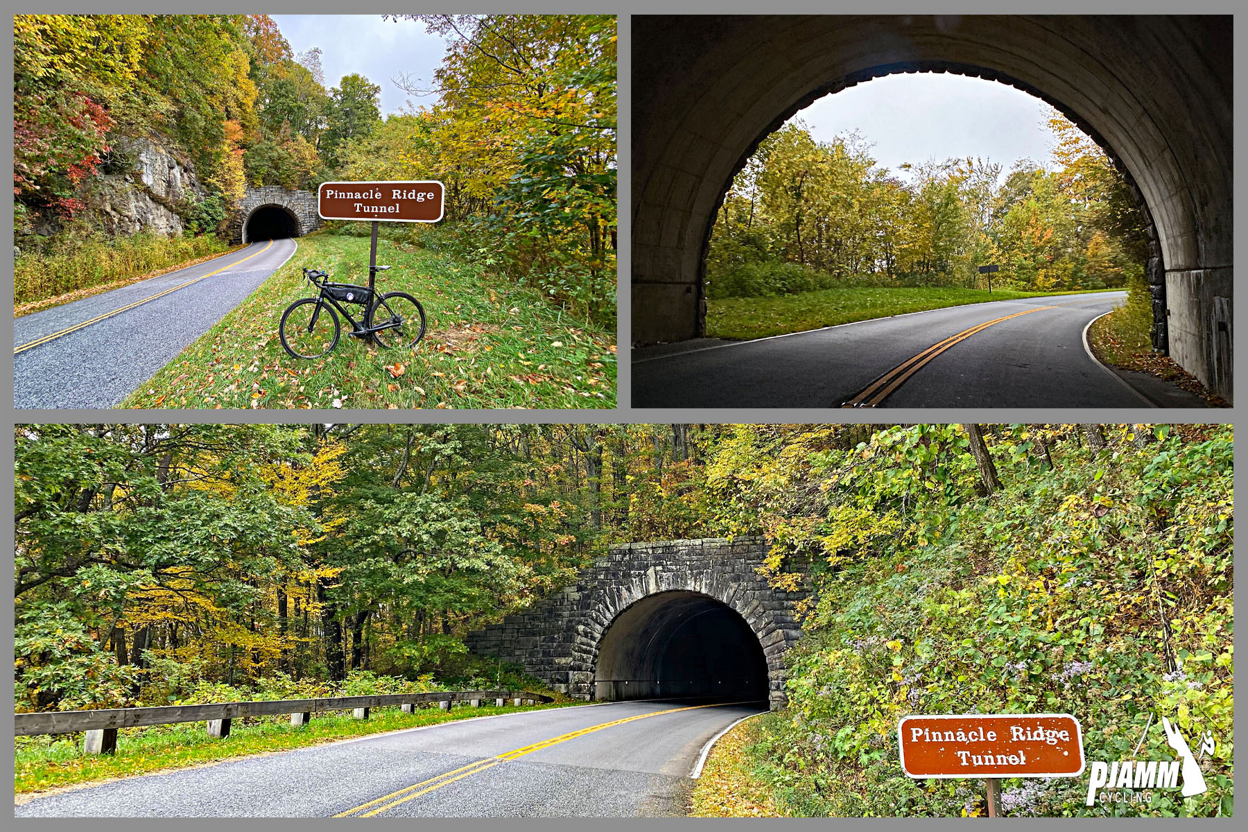 Cycling Richland Balsam, Blue Ridge Parkway - bike parked against sign for Pinnacle Ridge Tunnel, stone tunnel entrance way surrounded by dense foliage, evergreens and fall colors