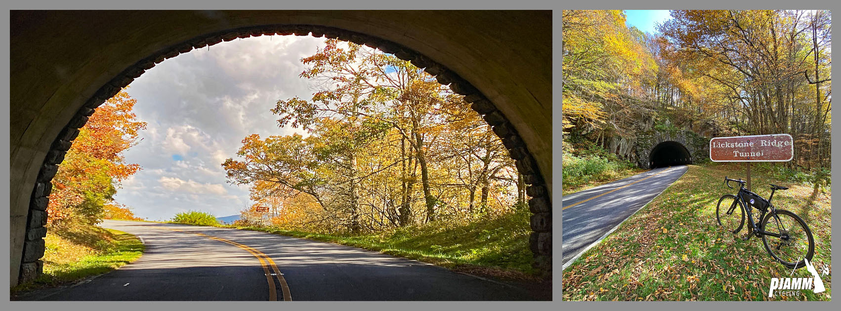 Cycling Blue Ridge Parkway -- Cherokee Hill - looking out of Lickstone Tunnel at climb's finish, two-lane roadway surrounded by bright fall foliage, bike parked on roadside