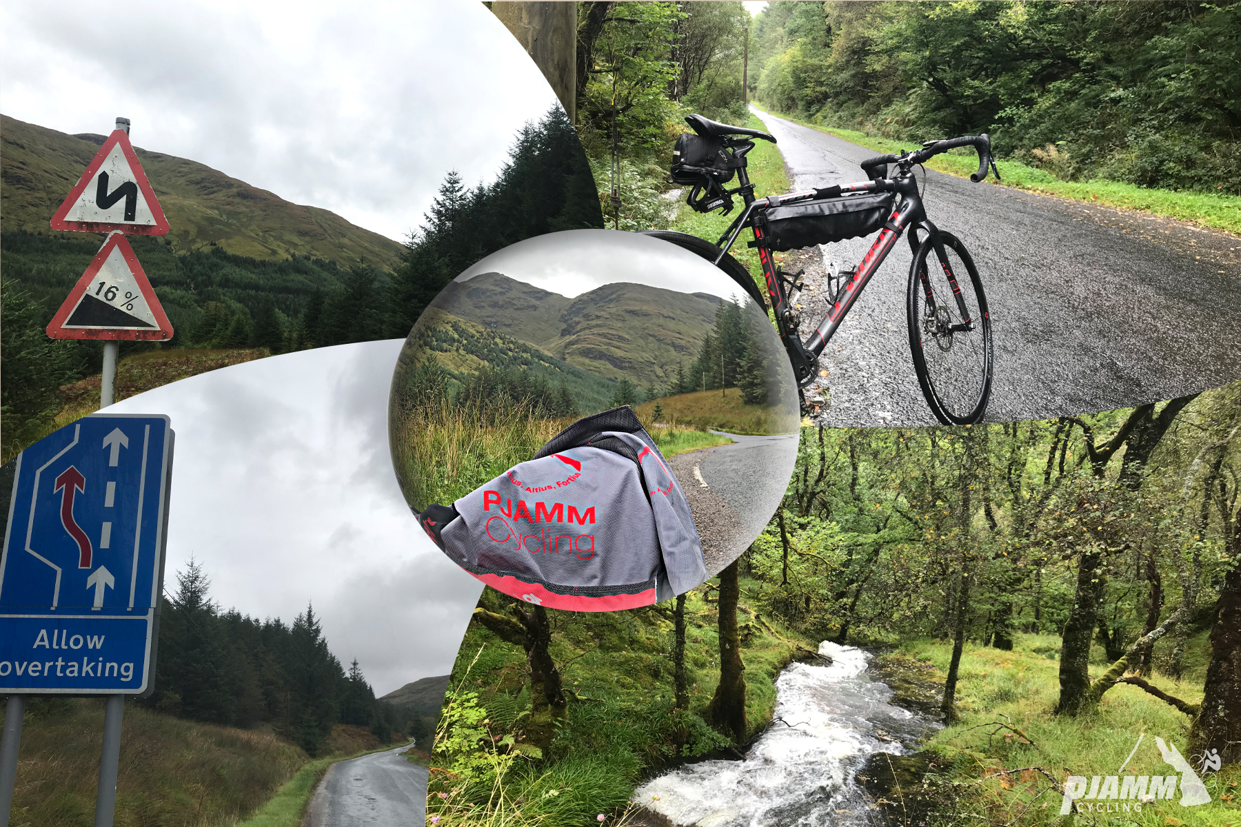 Cycling Rest and Be Thankful, Scotland - sign stating 16% grade and winding road, bike parked along wet roadside covered in lush greenery, rushing creak with trees along creekside and green grass, PJAMM cycling jersey