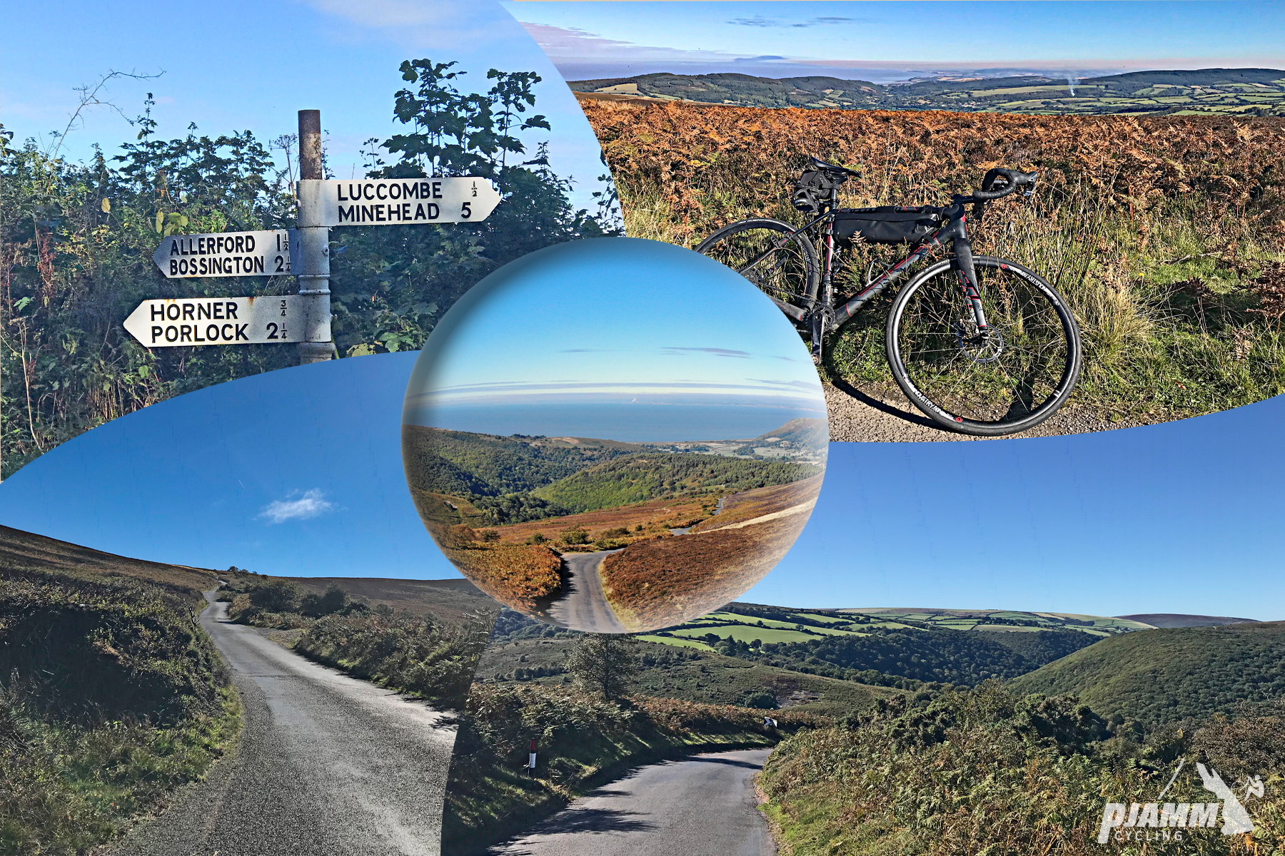 Cycling Dunkery Beacon, UK - photo collage, road signs for Luccombe Minehead, Allerford, Bossington, Horner, and Porlock near very tall greenery almost overtaking sign, road bike parked along hillside, stretches of road winding down hillside, pastureland, water in background